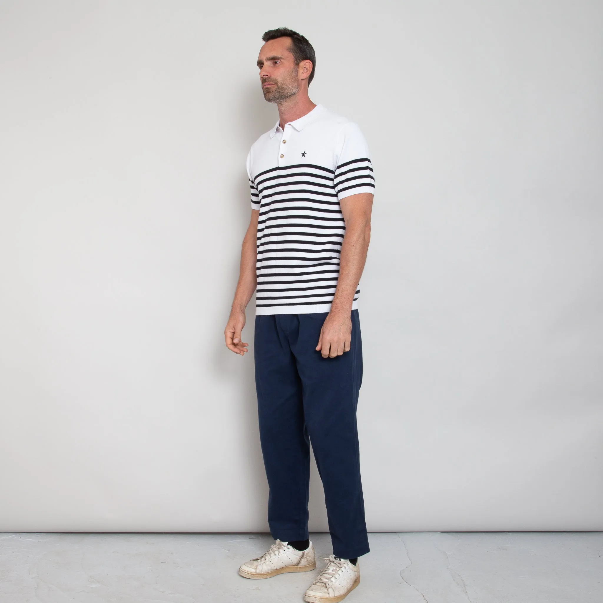 Play Well Knitted Polo - Breton White/ Navy