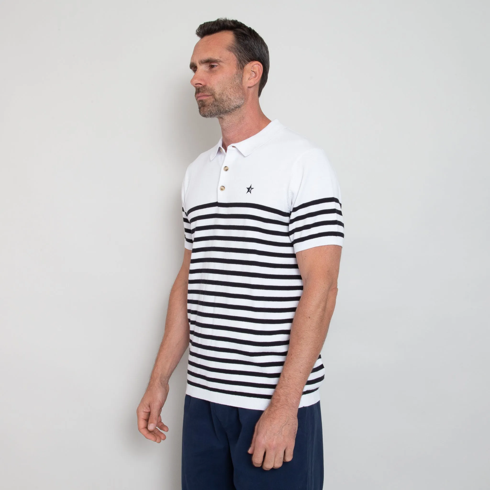 Play Well Knitted Polo - Breton White/ Navy