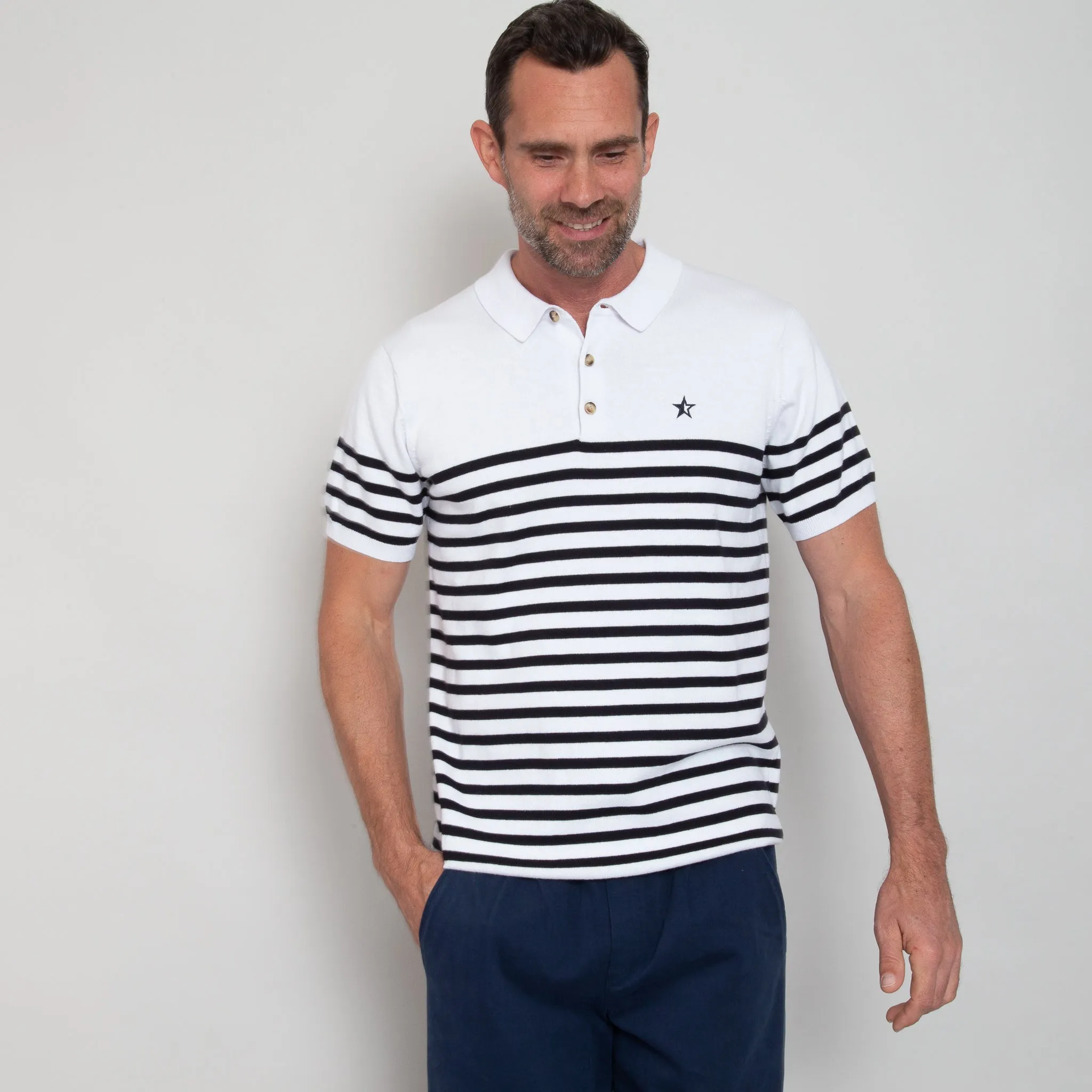 Play Well Knitted Polo - Breton White/ Navy