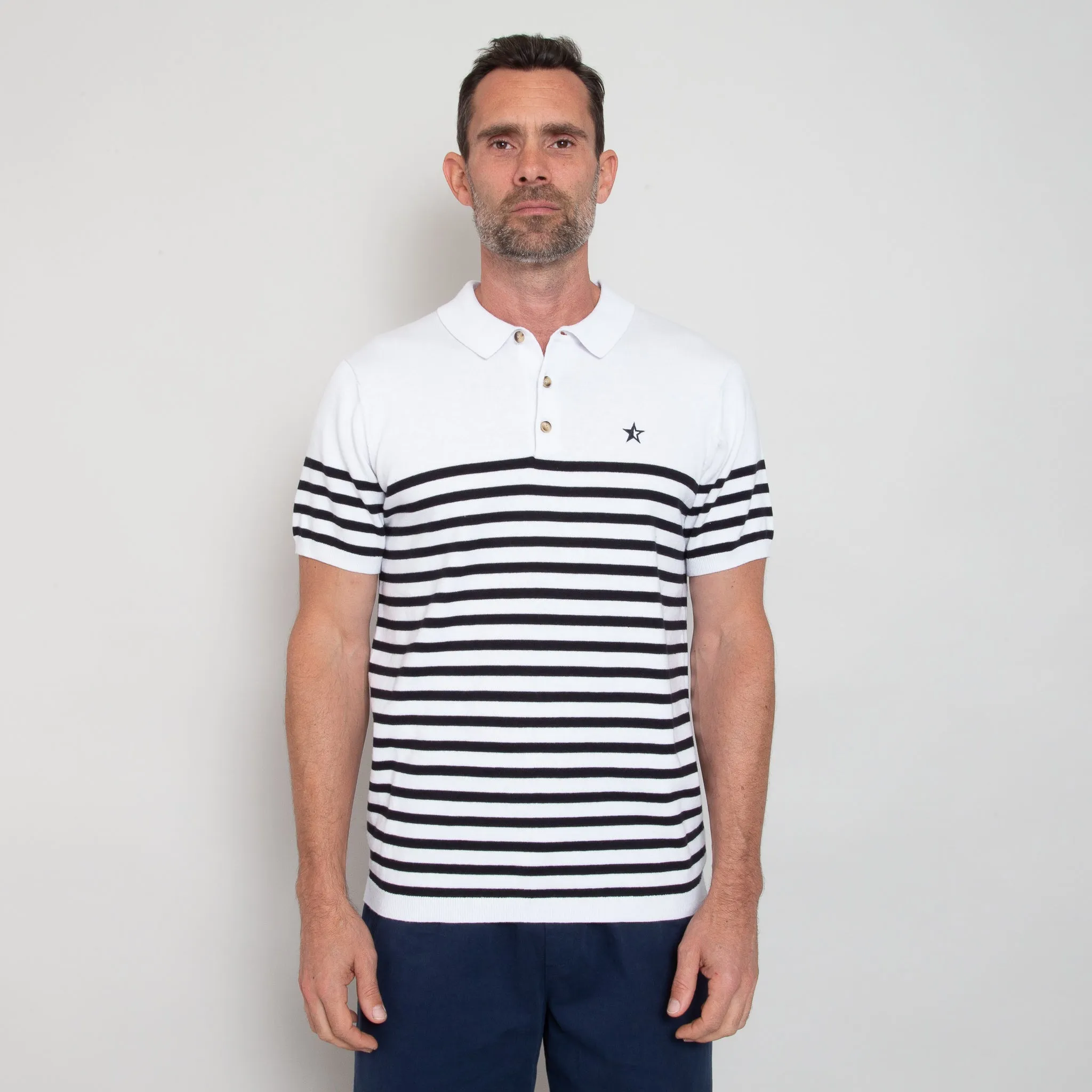 Play Well Knitted Polo - Breton White/ Navy