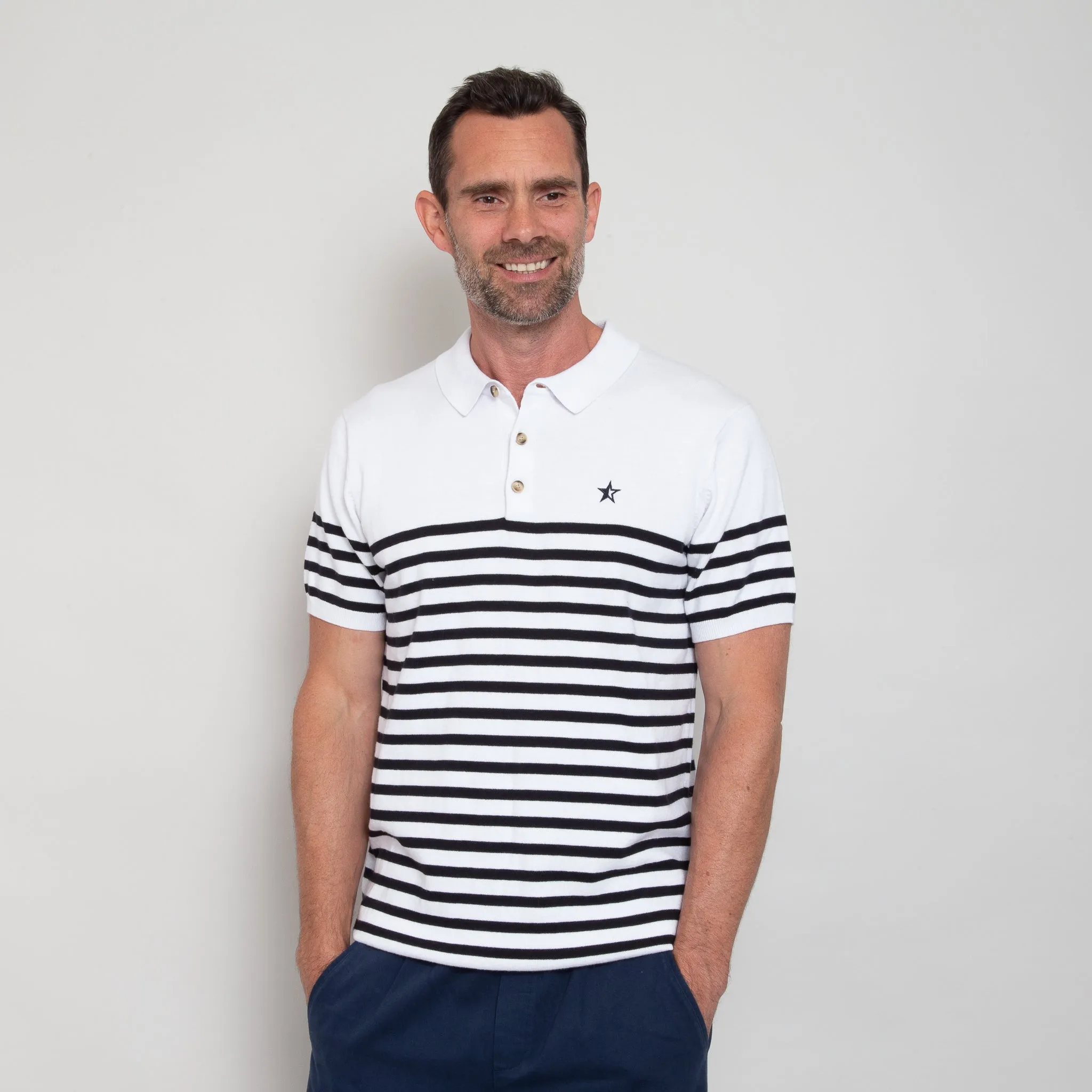 Play Well Knitted Polo - Breton White/ Navy