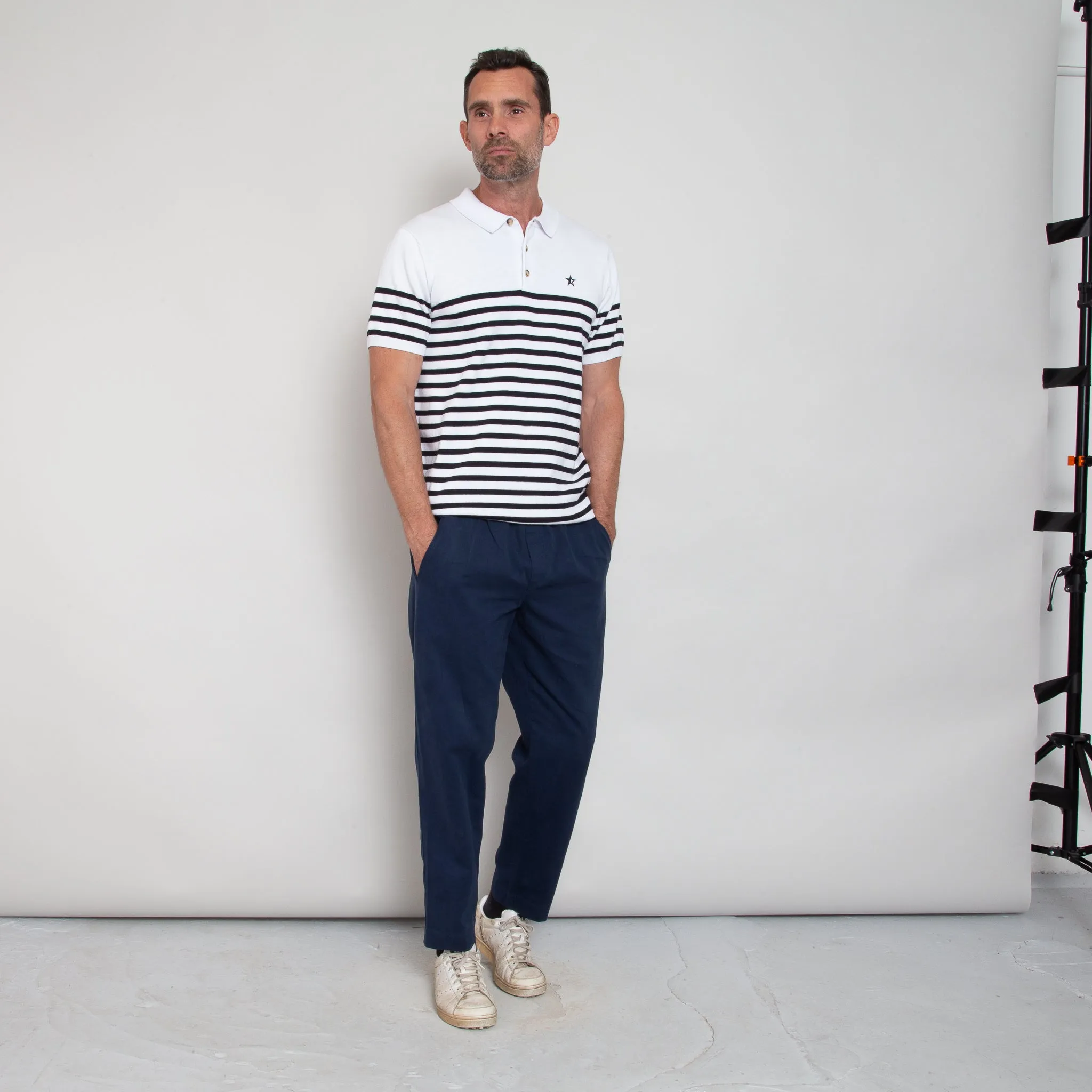 Play Well Knitted Polo - Breton White/ Navy