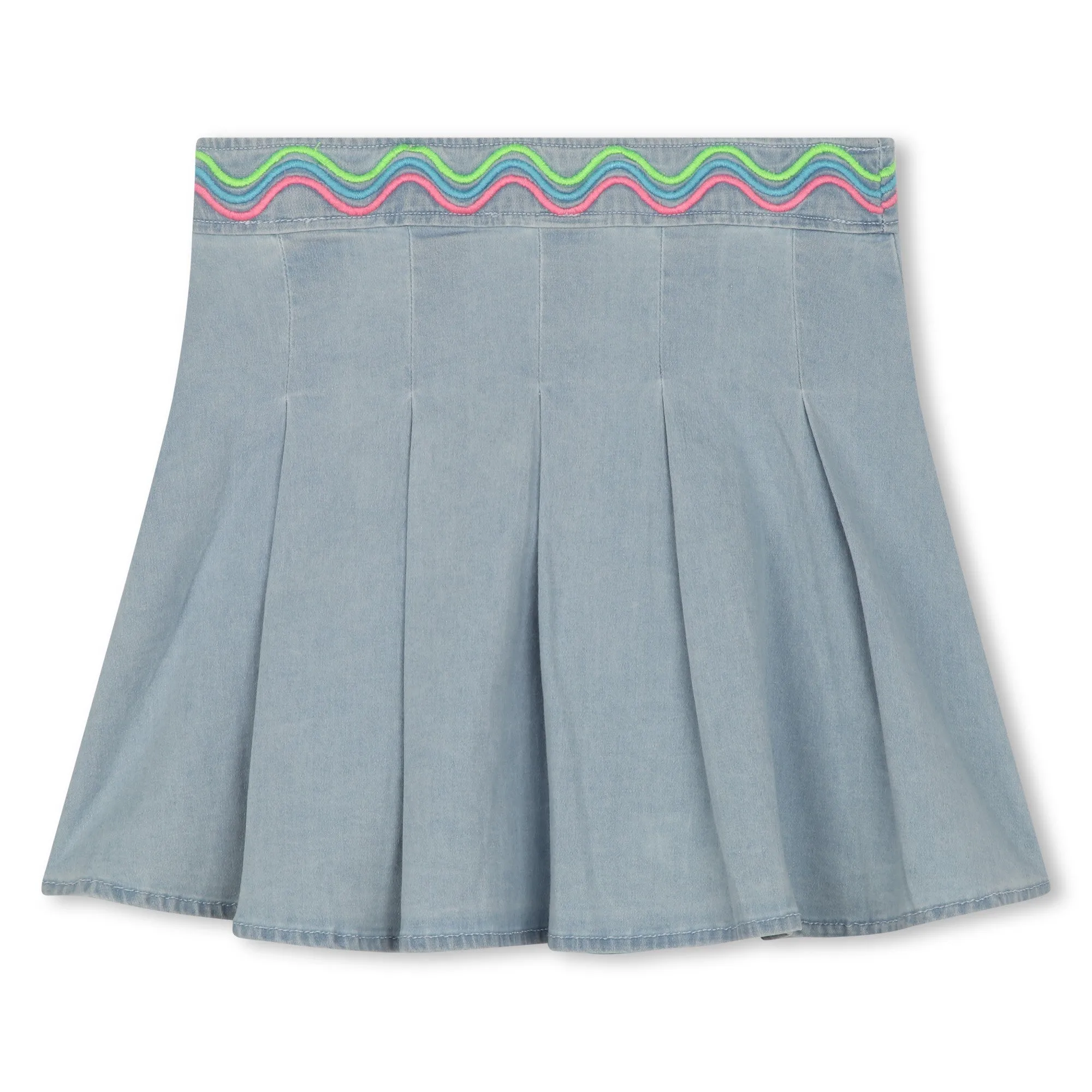 Pleated Denim Skirt Rickrack Embroidery Waist