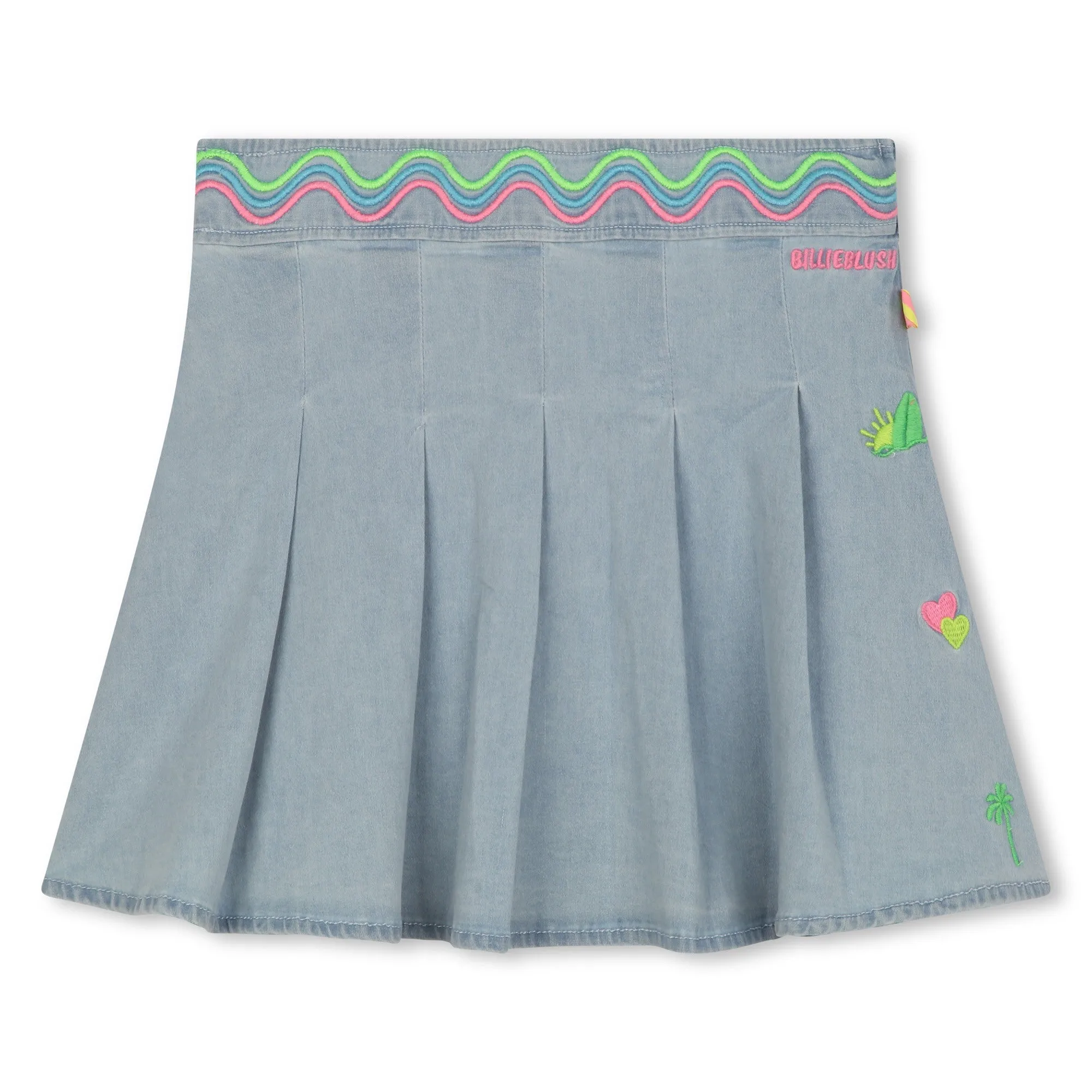 Pleated Denim Skirt Rickrack Embroidery Waist