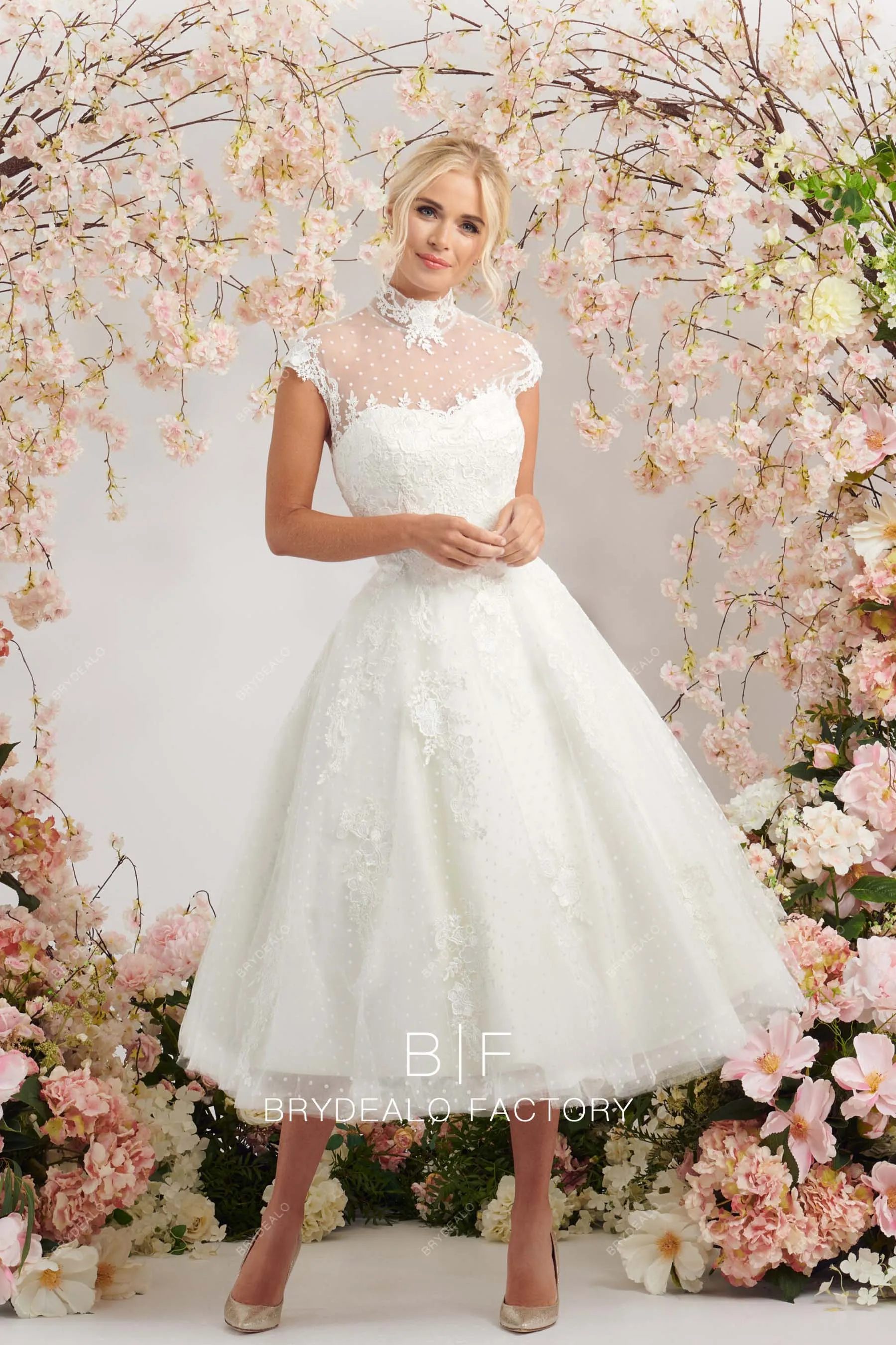 Pretty Dot Tulle Lace Illusion Mock Neck Tea-Length Bridal Dress