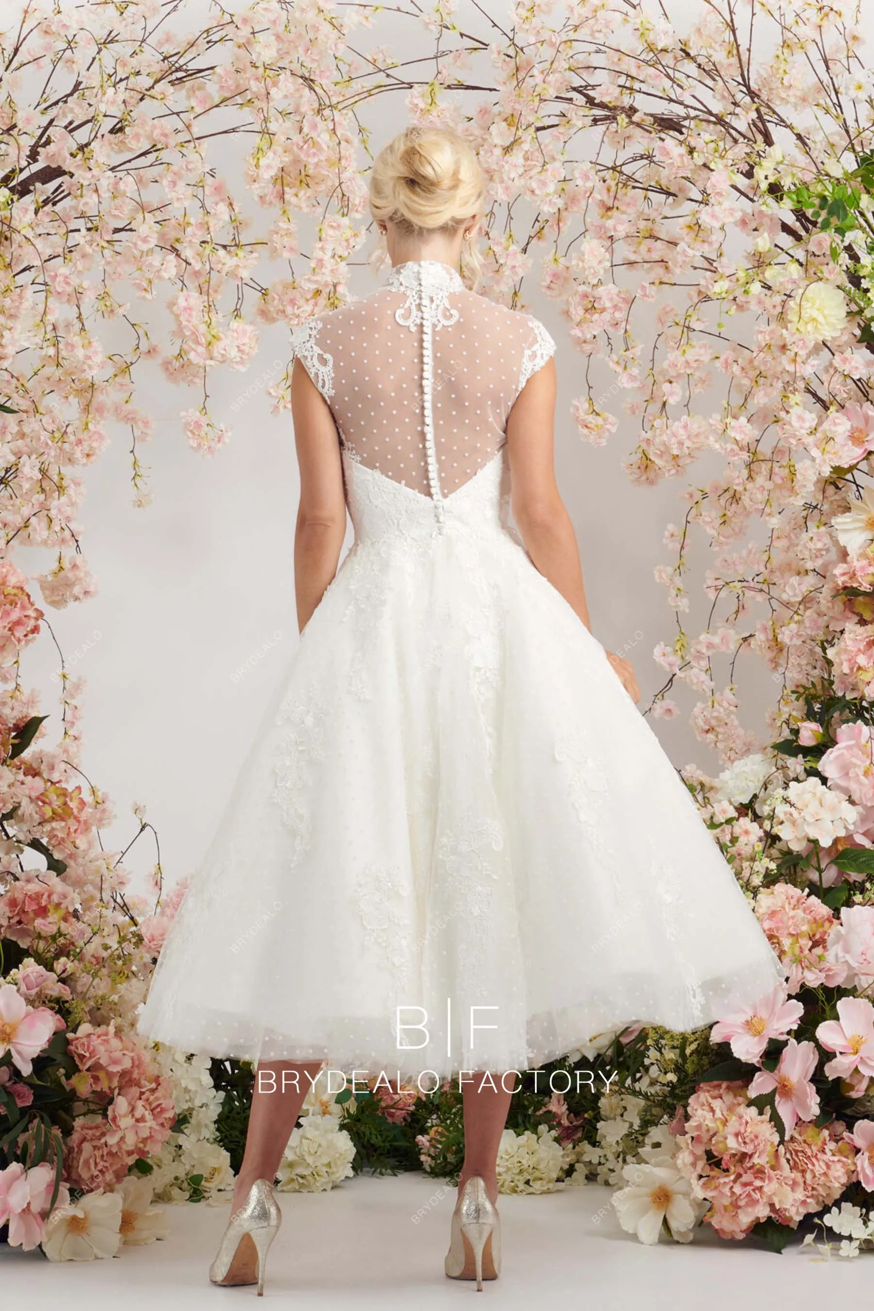 Pretty Dot Tulle Lace Illusion Mock Neck Tea-Length Bridal Dress