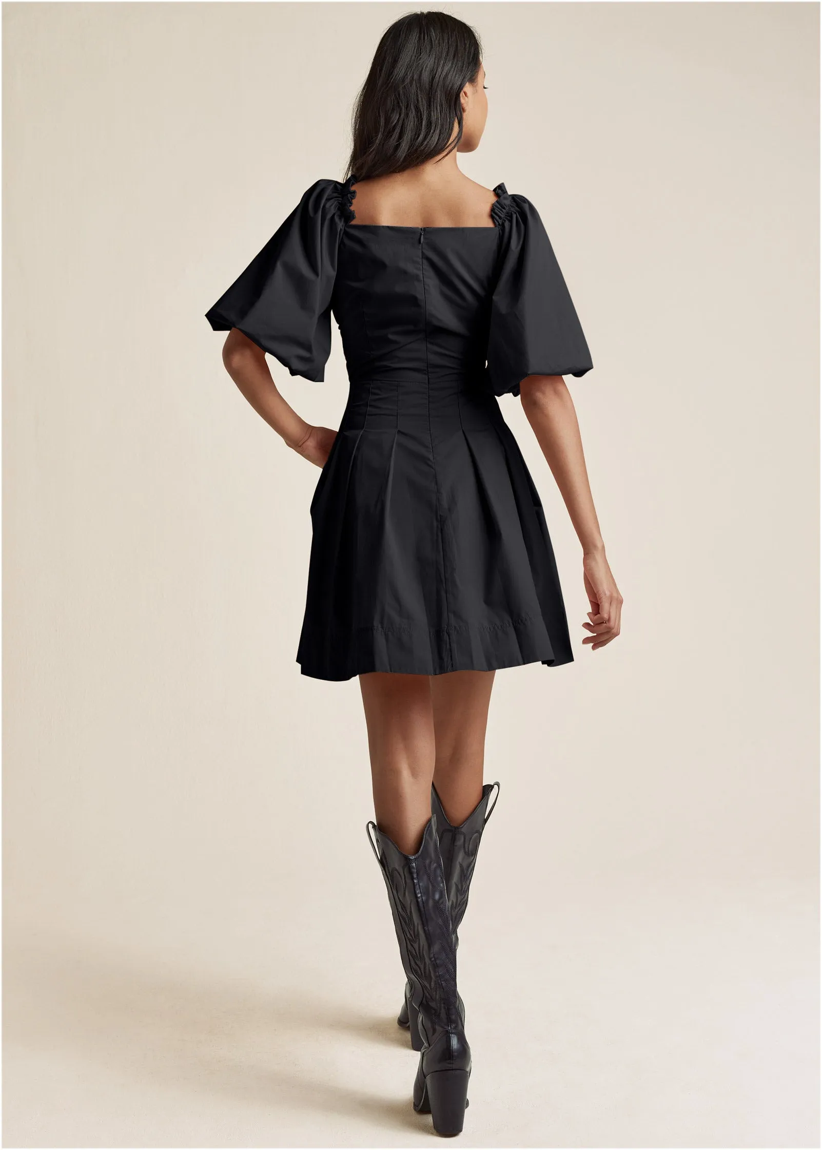 Puff Sleeve Taffeta Dress - Black