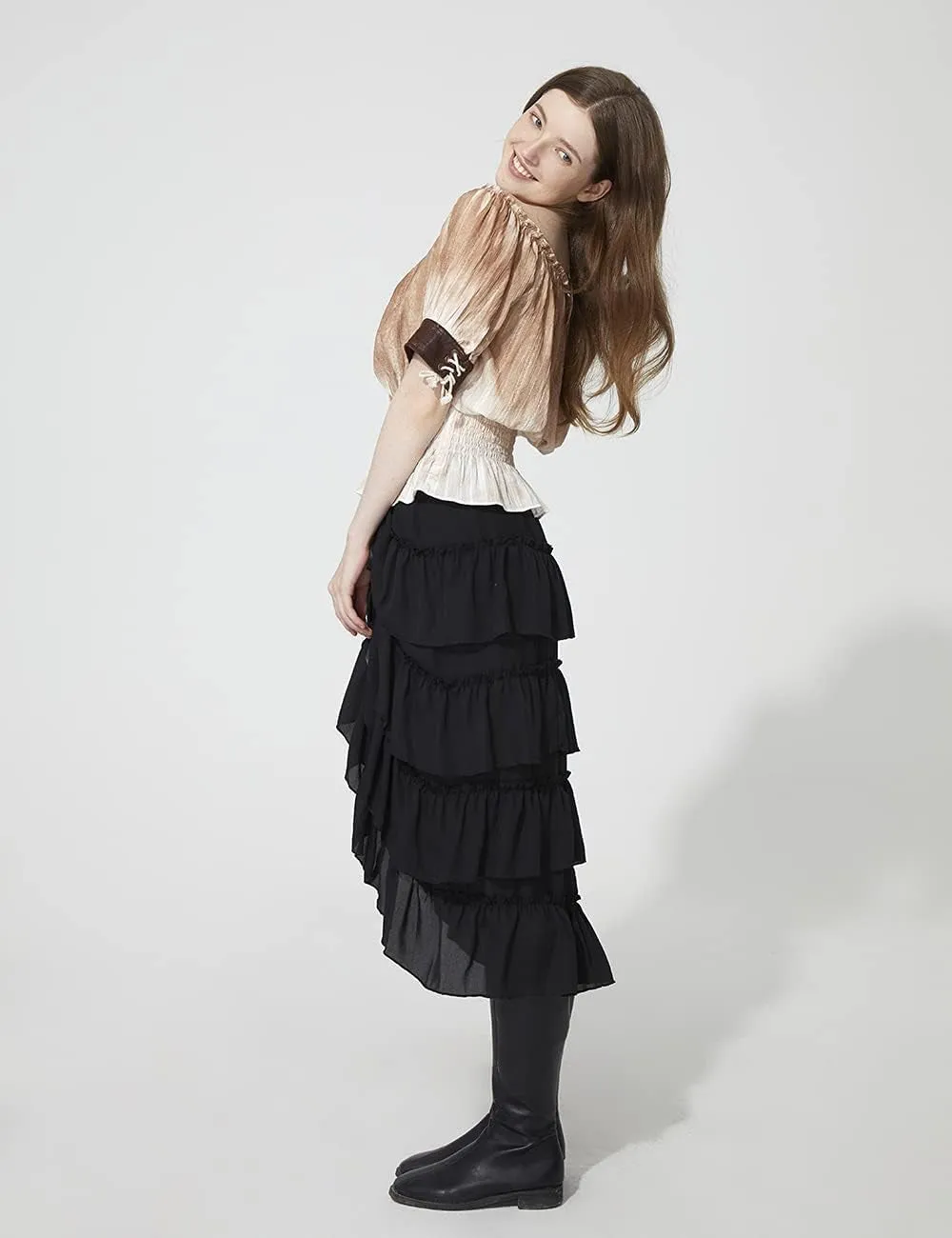 "Chic Black Pirate Steampunk High-Low Skirt for Women - Elegant Renaissance Style (2XL, XX-L)"