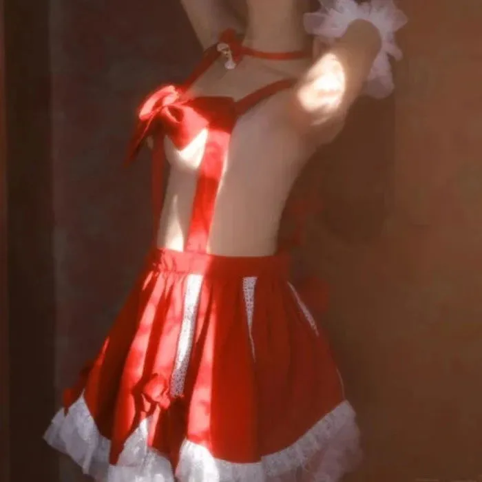 Red Sexy Maid Apron Uniform Ribbon Bra Temptation