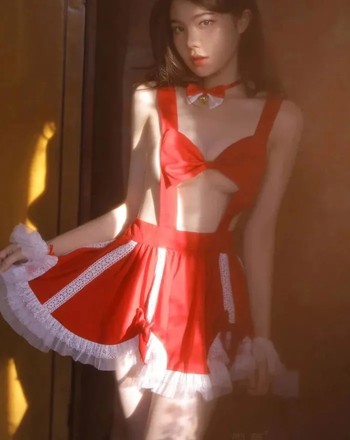 Red Sexy Maid Apron Uniform Ribbon Bra Temptation