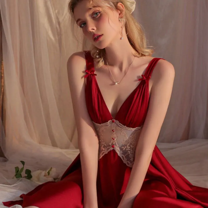 Red Silky Loose Nightgown with Lace detail