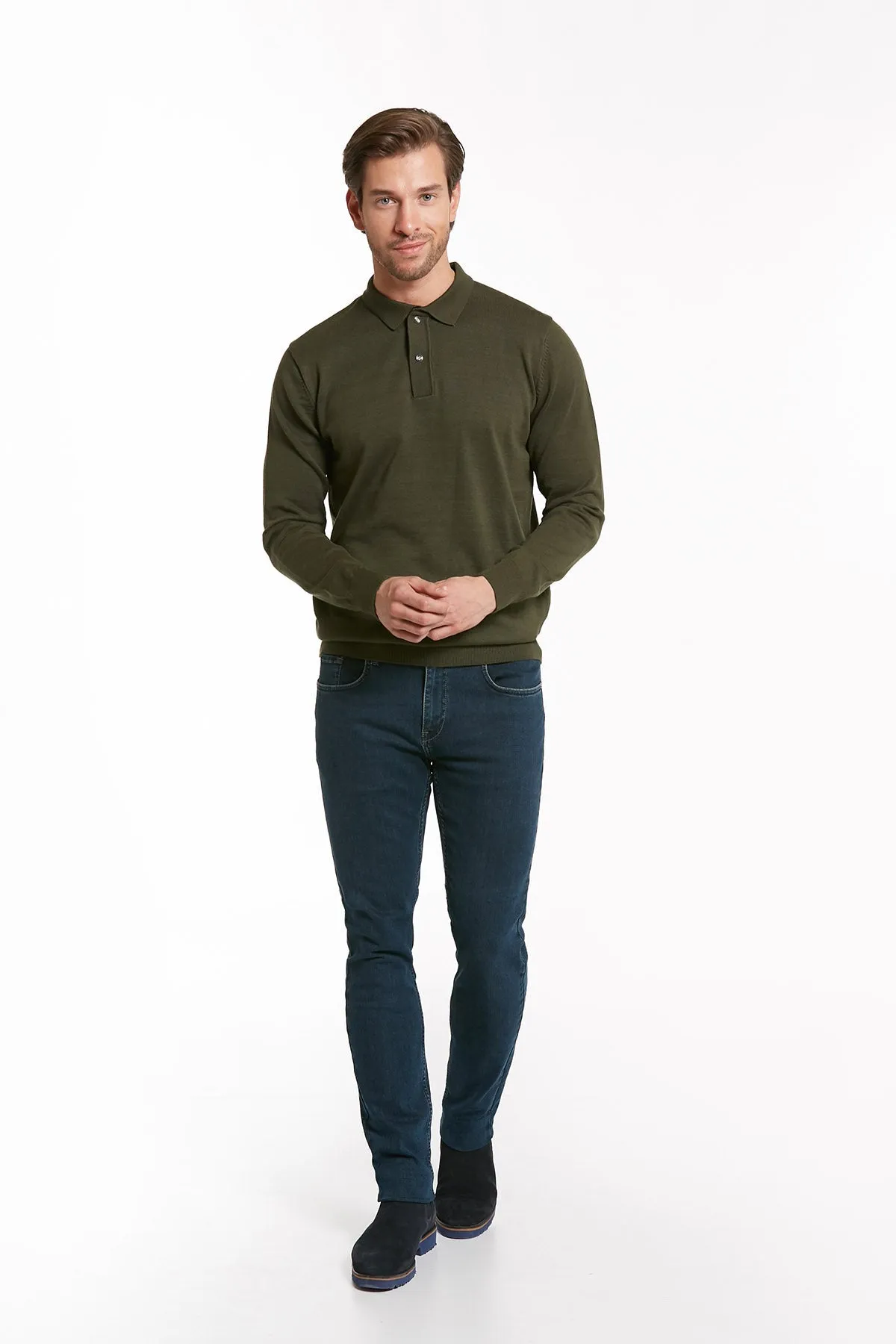 Regular Fit Cotton Blend Green Polo Sweater