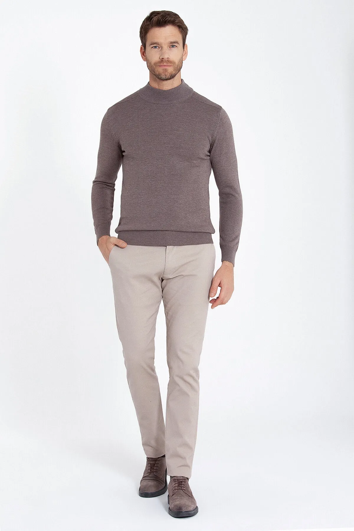 Regular Fit Patterned Cotton Blend Gray Mock Neck Sweater, Light Brown Mel.