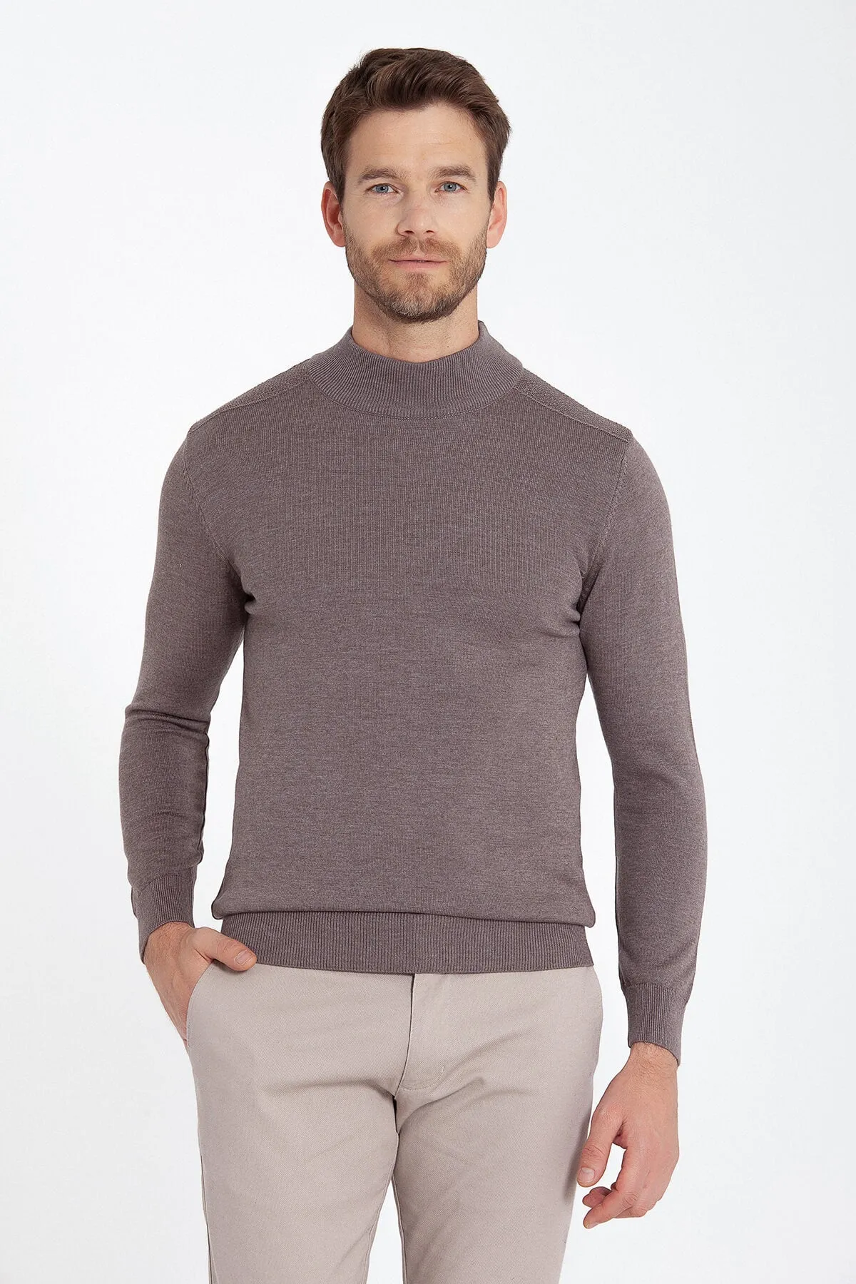 Regular Fit Patterned Cotton Blend Gray Mock Neck Sweater, Light Brown Mel.