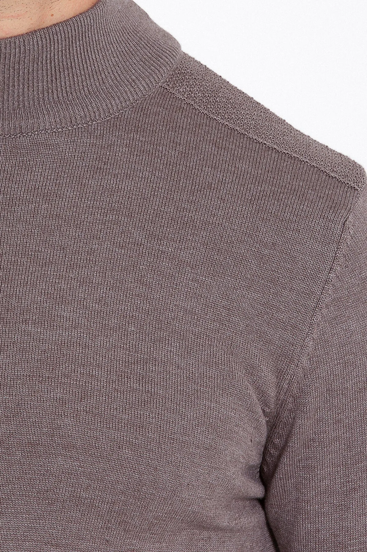 Regular Fit Patterned Cotton Blend Gray Mock Neck Sweater, Light Brown Mel.