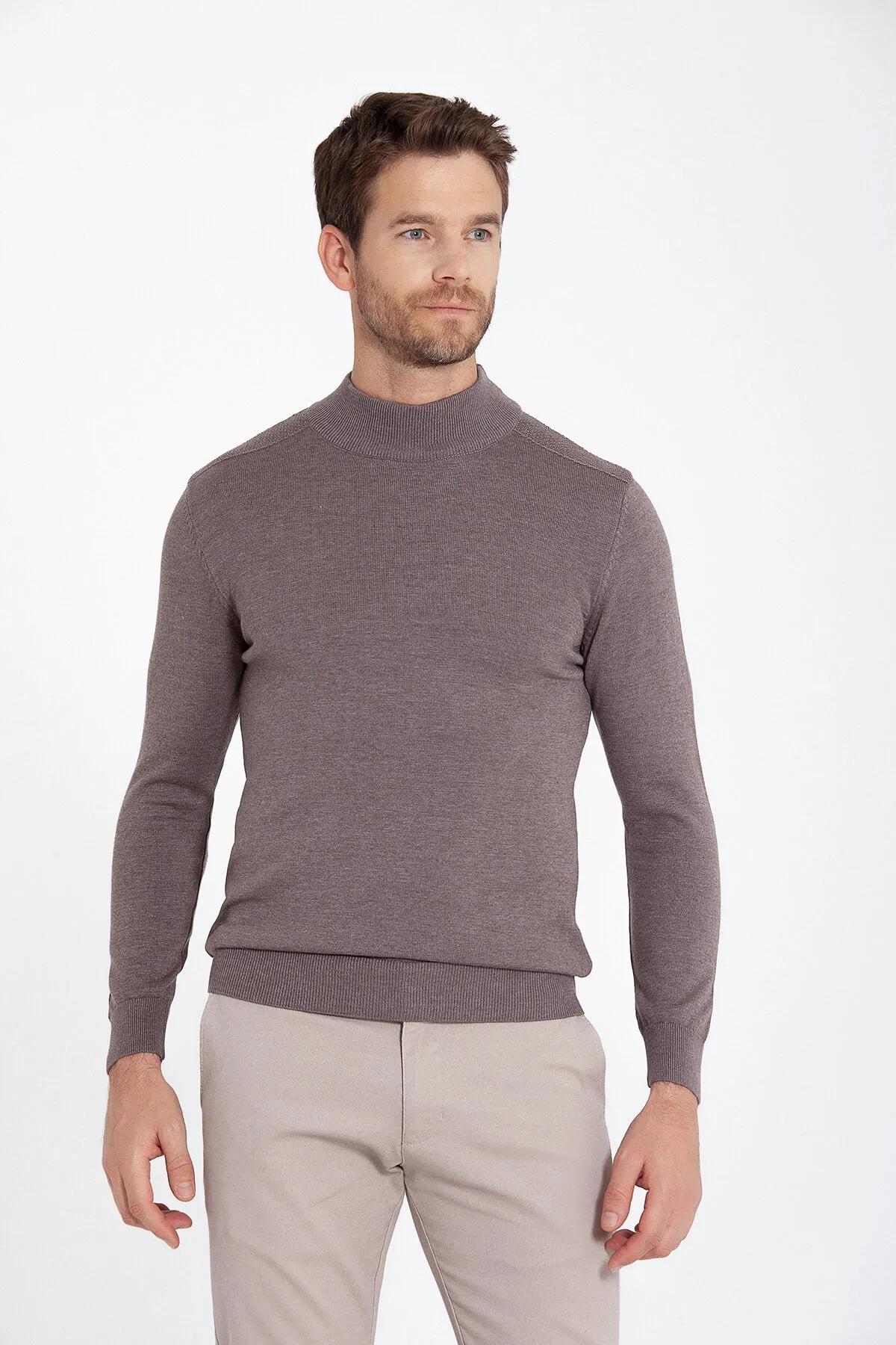 Regular Fit Patterned Cotton Blend Gray Mock Neck Sweater, Light Brown Mel.