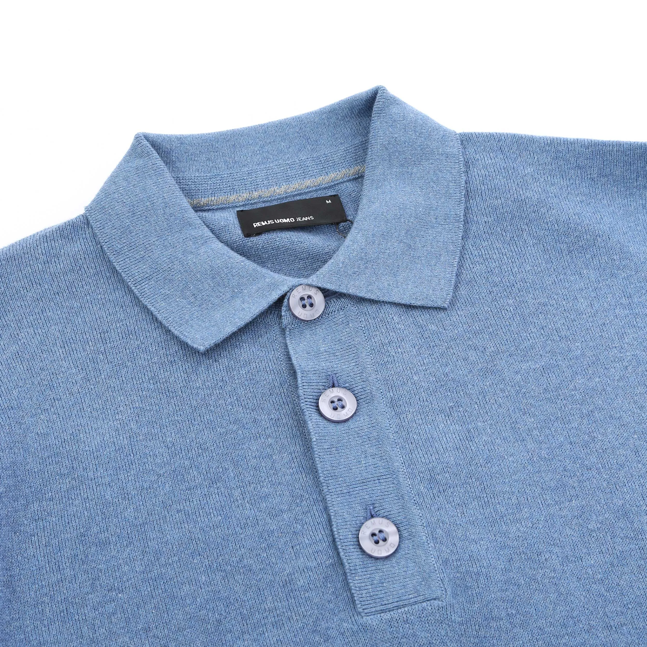 Remus Uomo Chunky 3 Button Knitted Polo Knitwear in Sky Blue