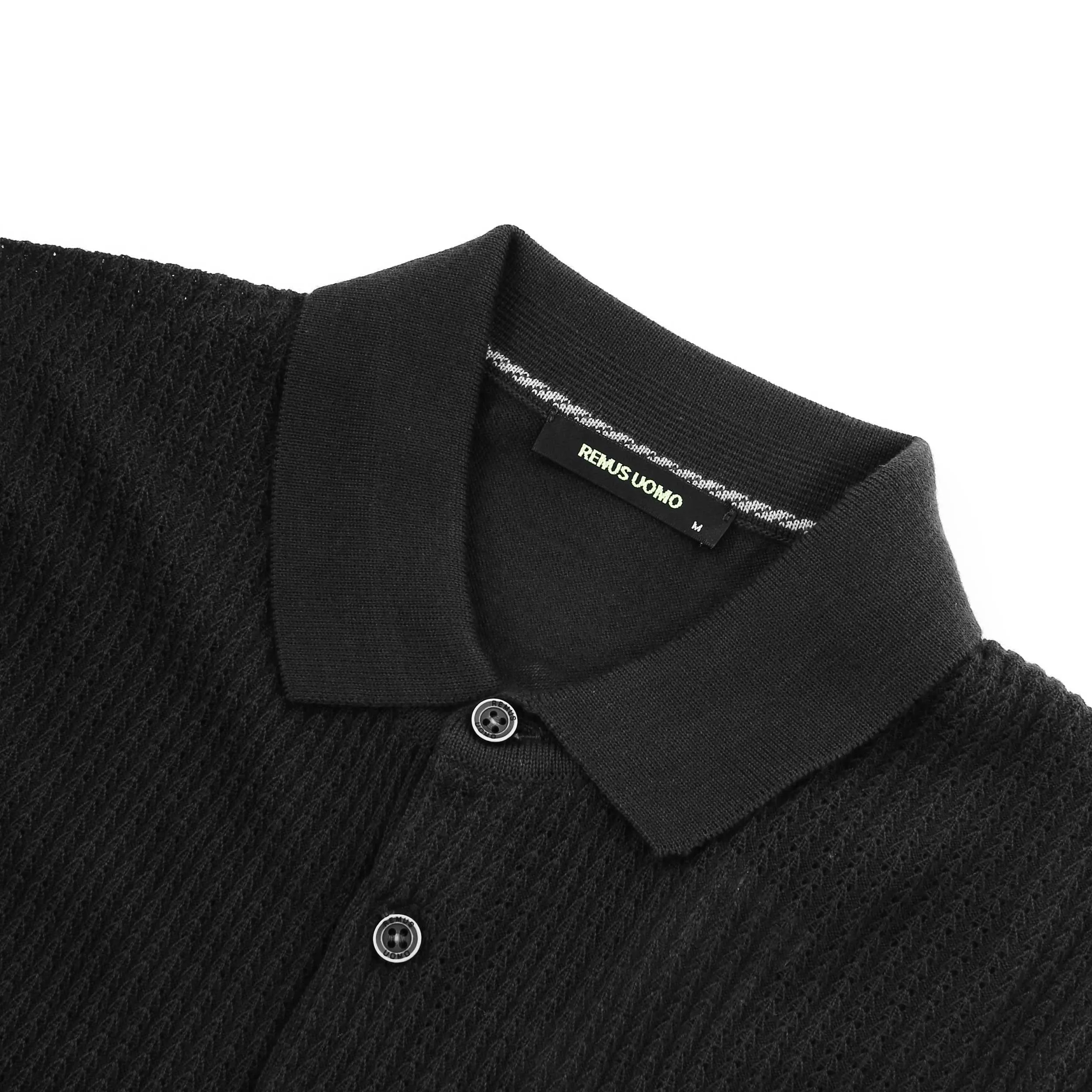 Remus Uomo Waffle Front Knitted Polo in Black