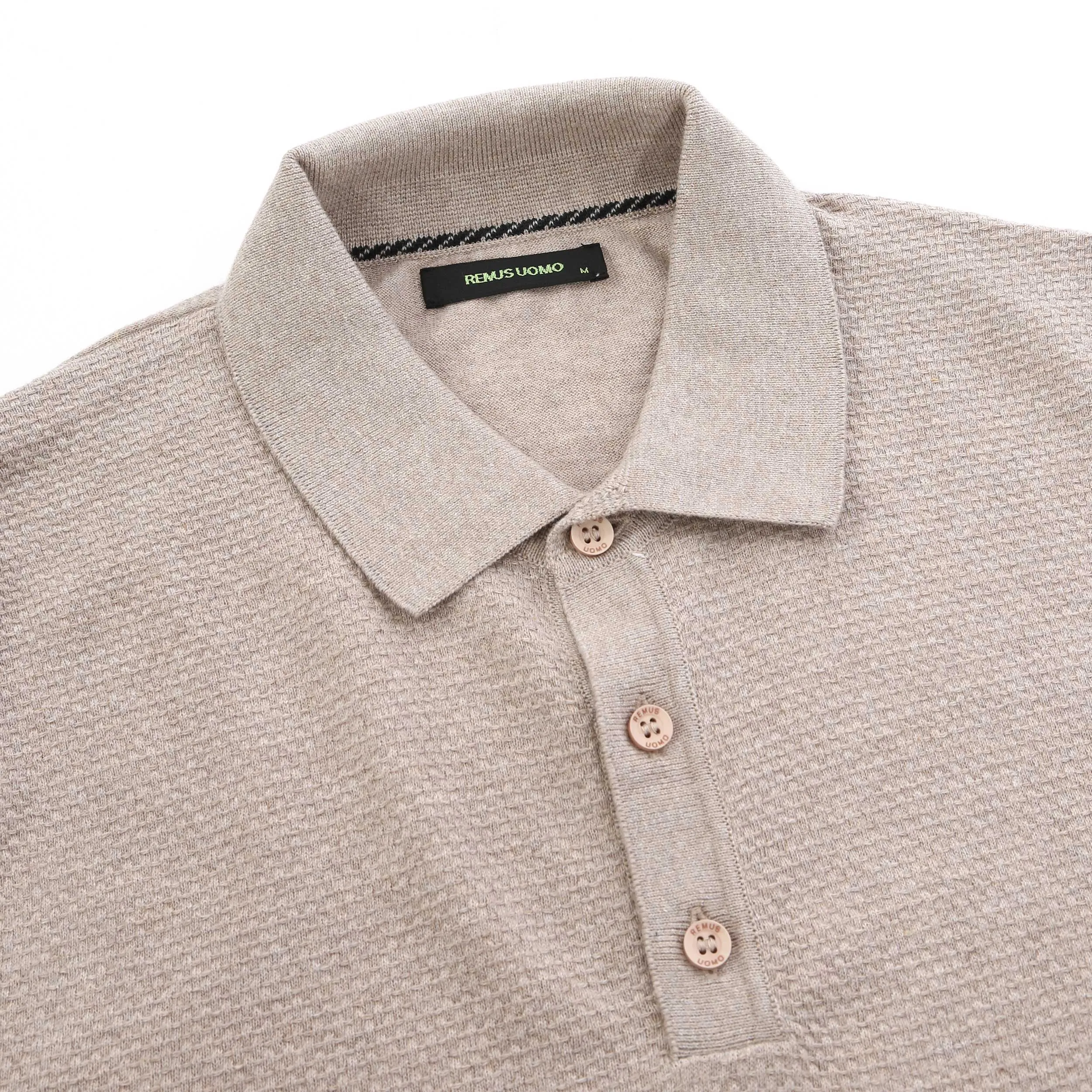 Remus Uomo Waffle Front Knitted Polo in Oatmeal