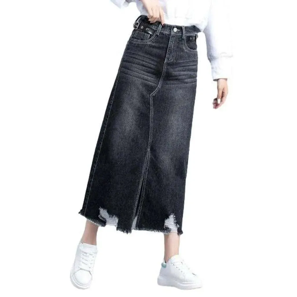 Ripped slit long denim skirt