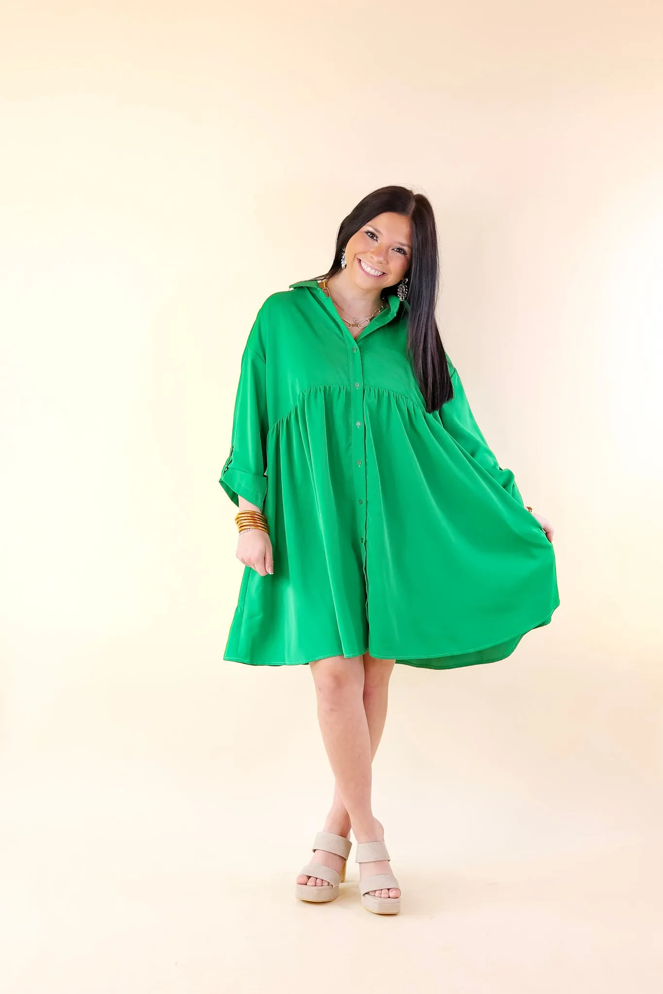 Risky Business Button Up Babydoll Dress in Green