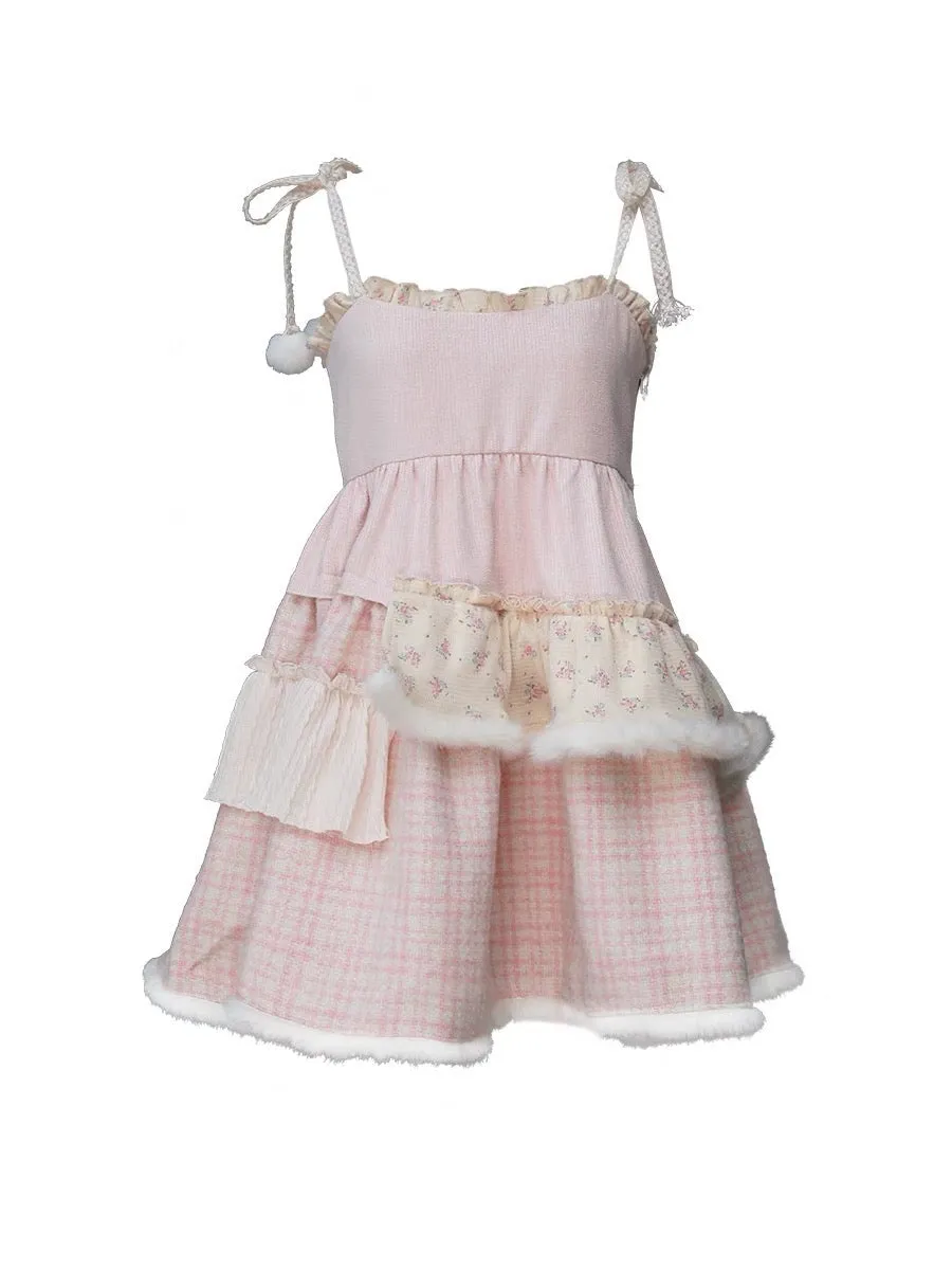 [Rose Island]Pink Bunny Fluffy Strappy Dress