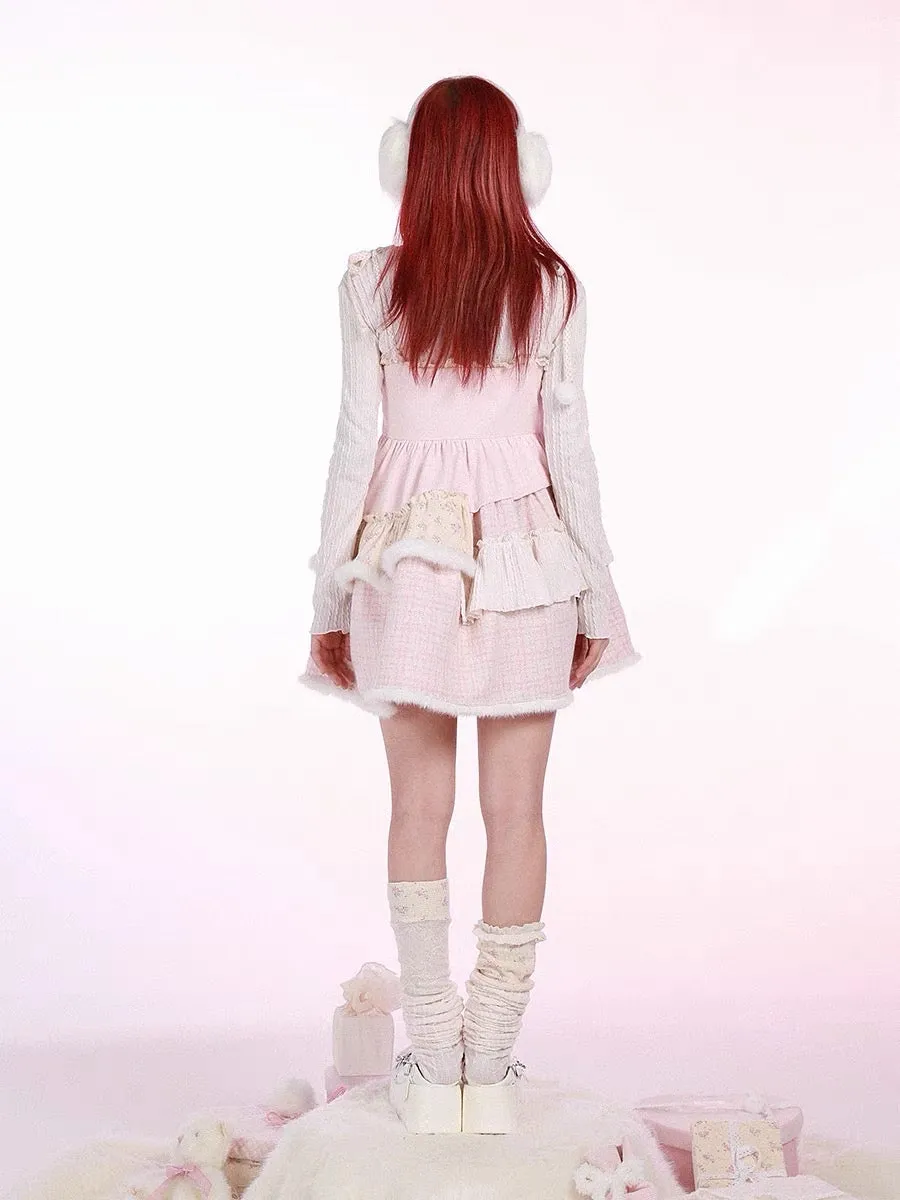 [Rose Island]Pink Bunny Fluffy Strappy Dress