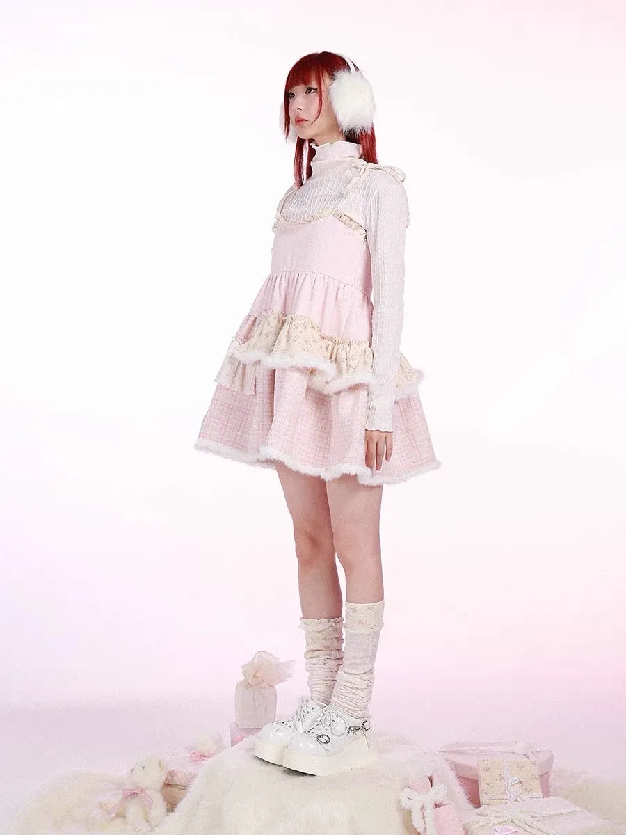 [Rose Island]Pink Bunny Fluffy Strappy Dress