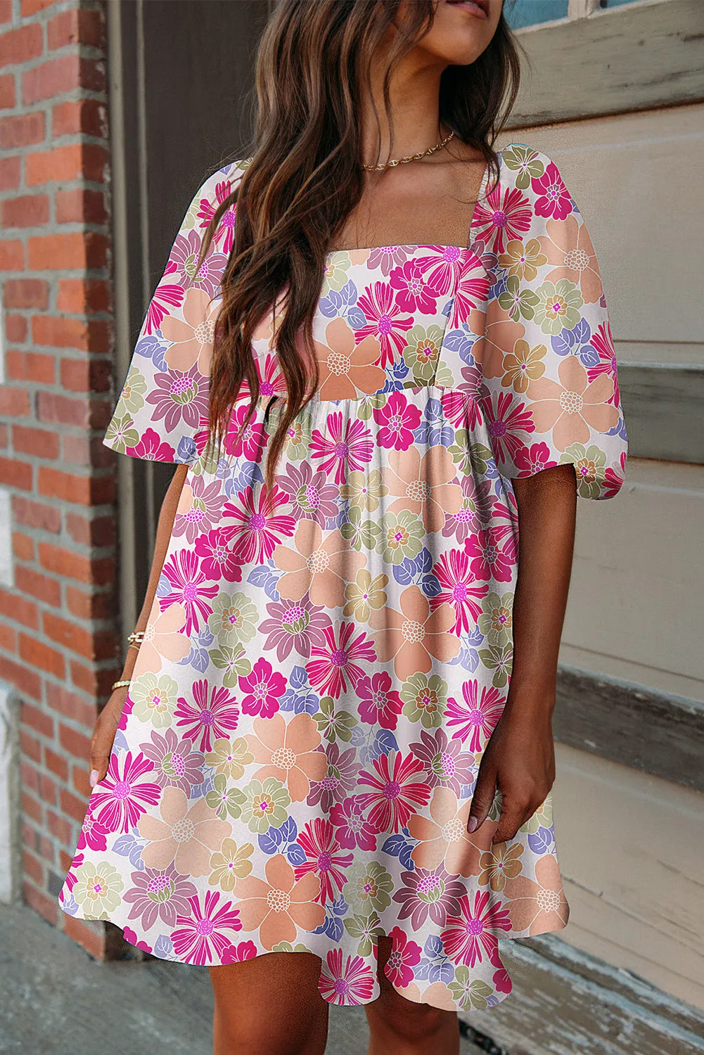 Rose Summer Floral Square Neck Puff Sleeve Babydoll Dress