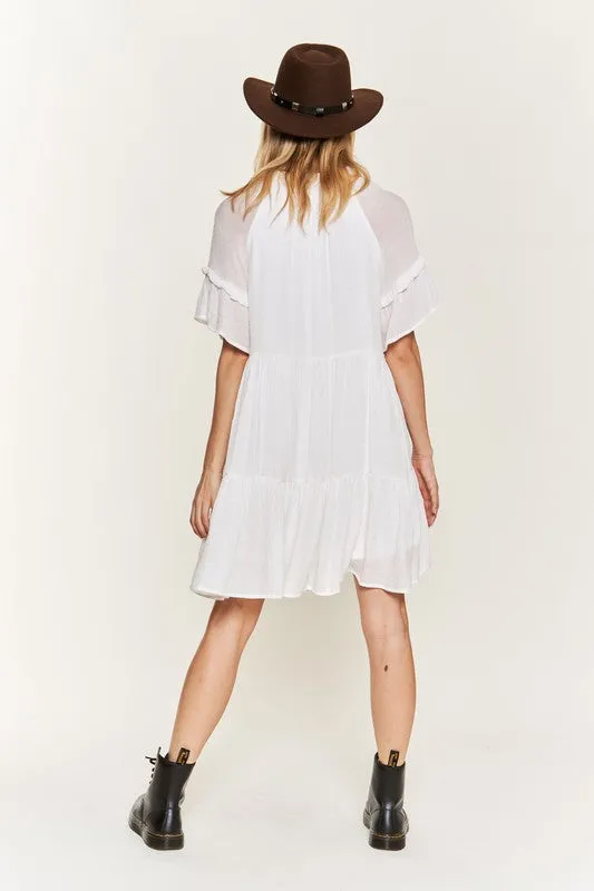 Ruffled Neck Tiered Mini Dress - Black, White