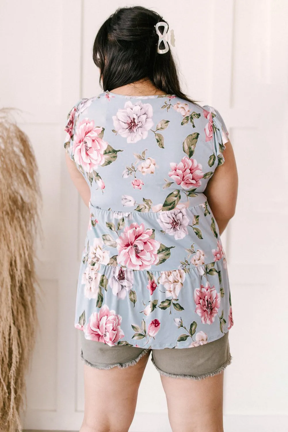 Ruffled V Neck Floral Plus Size Top