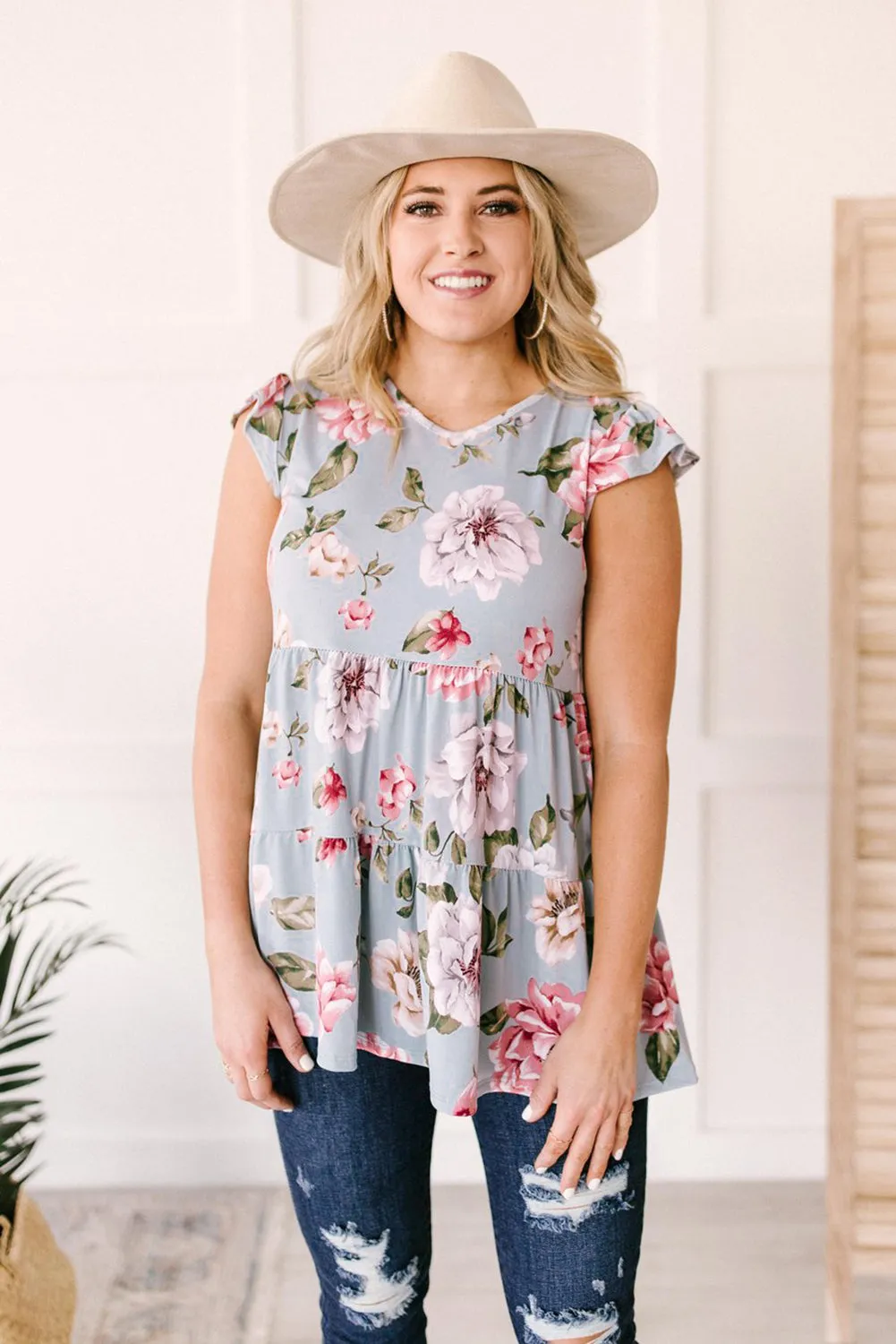 Ruffled V Neck Floral Plus Size Top