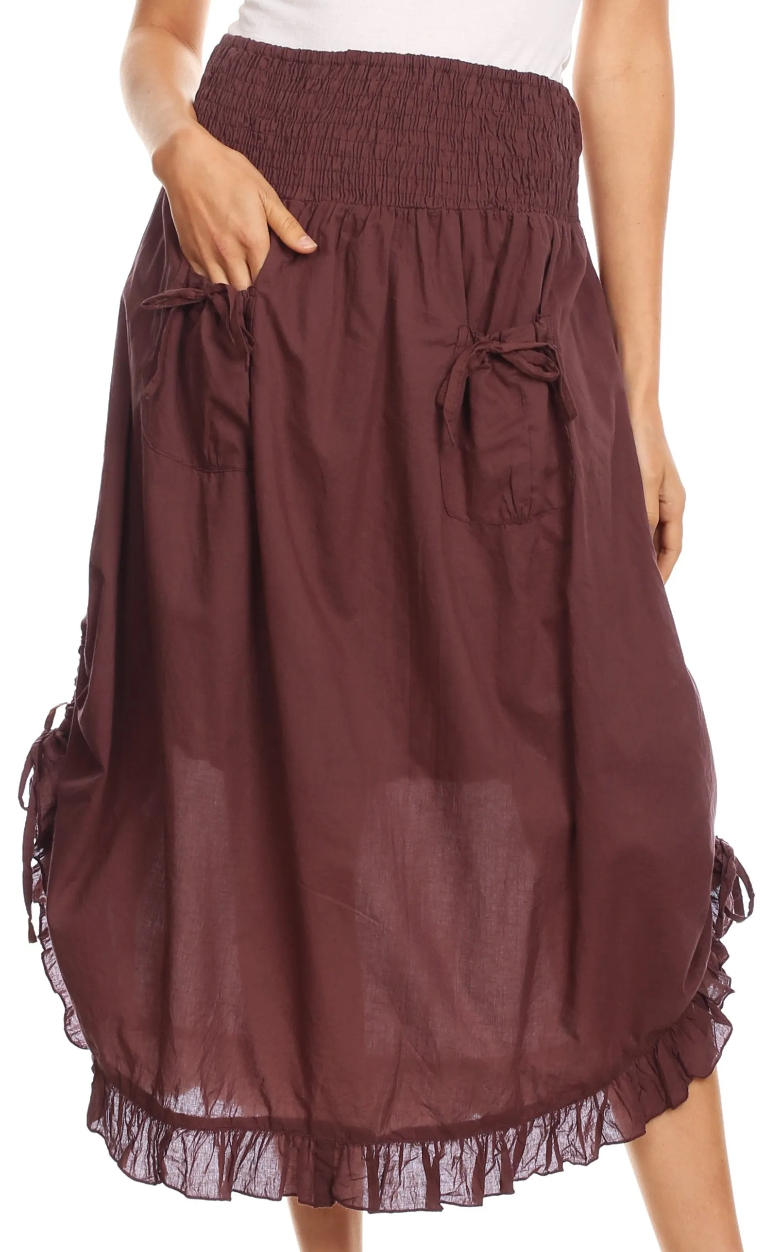 Sakkas Coco Long Cotton Ruffle Skirt with Pockets and Elastic Waistband