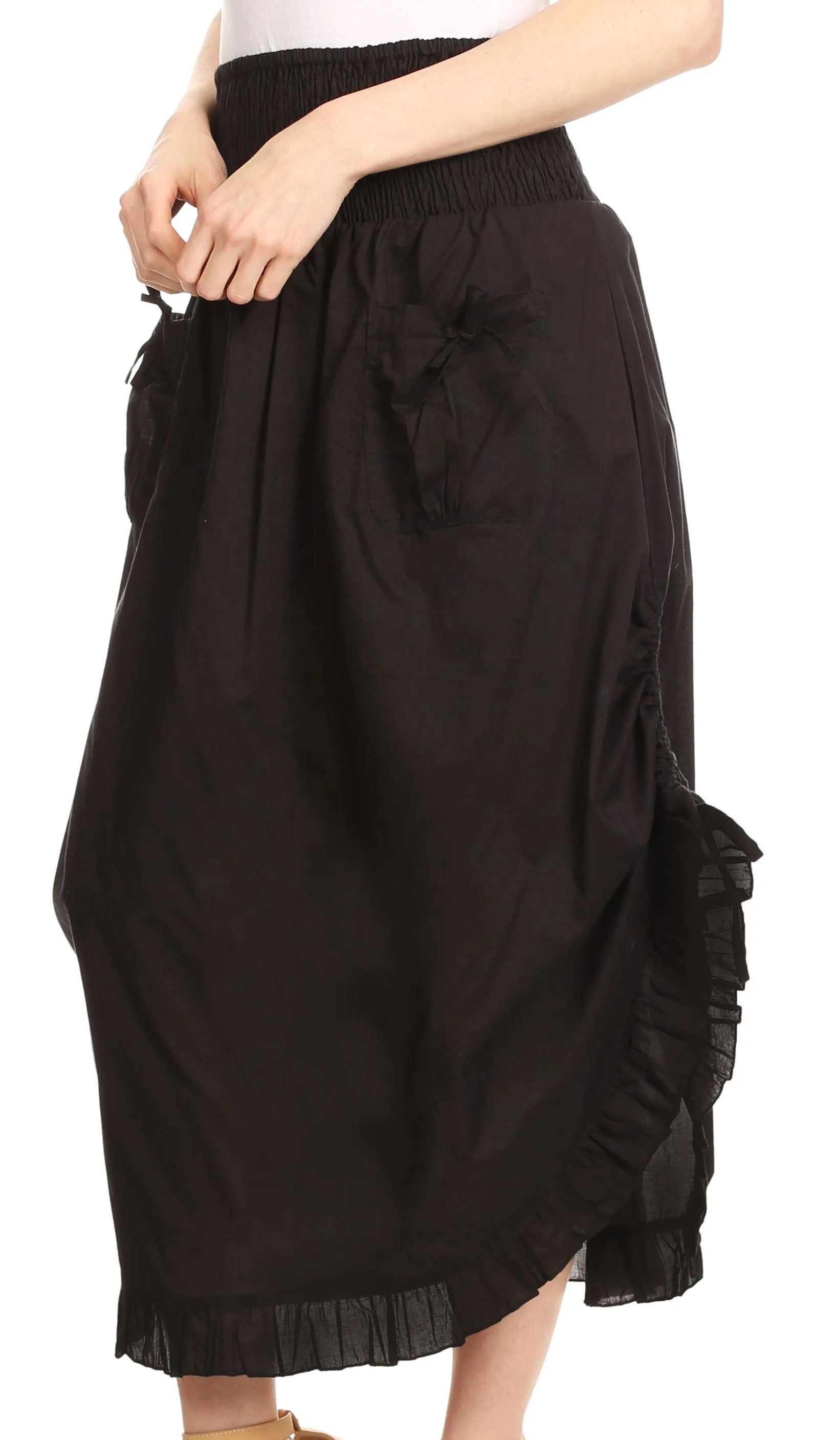 Sakkas Coco Long Cotton Ruffle Skirt with Pockets and Elastic Waistband