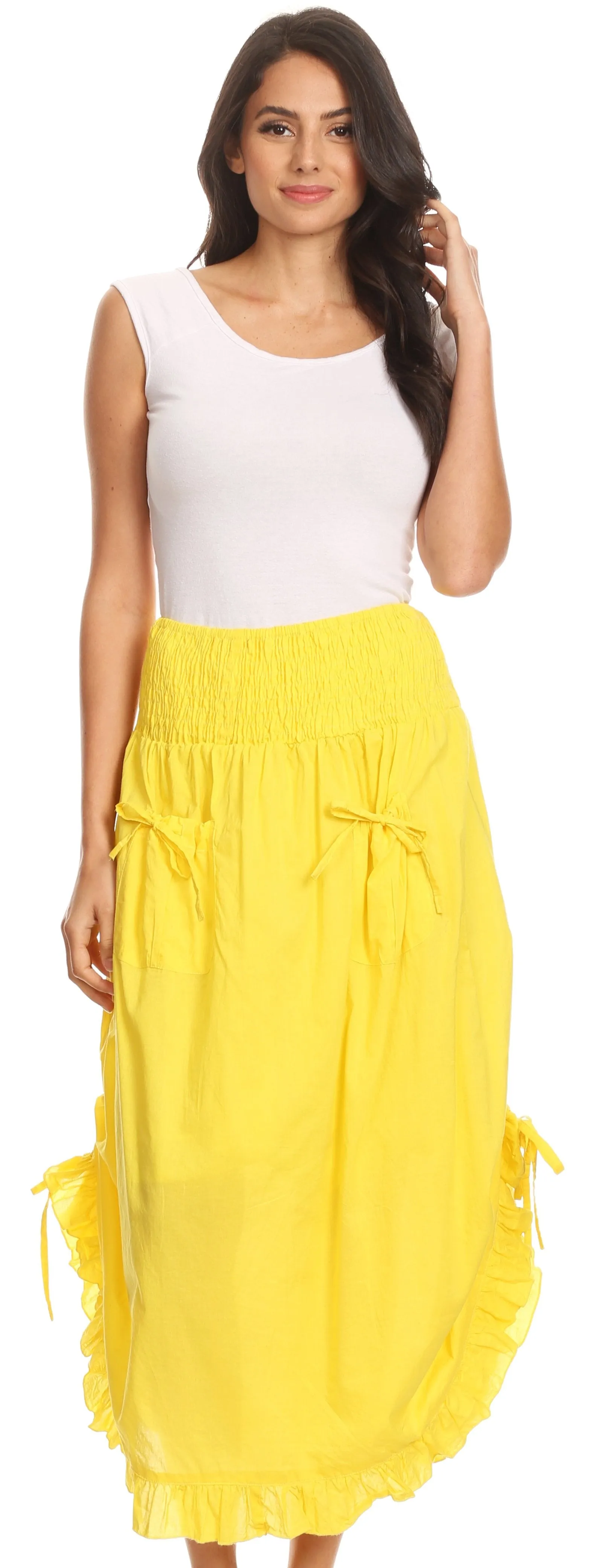 Sakkas Coco Long Cotton Ruffle Skirt with Pockets and Elastic Waistband