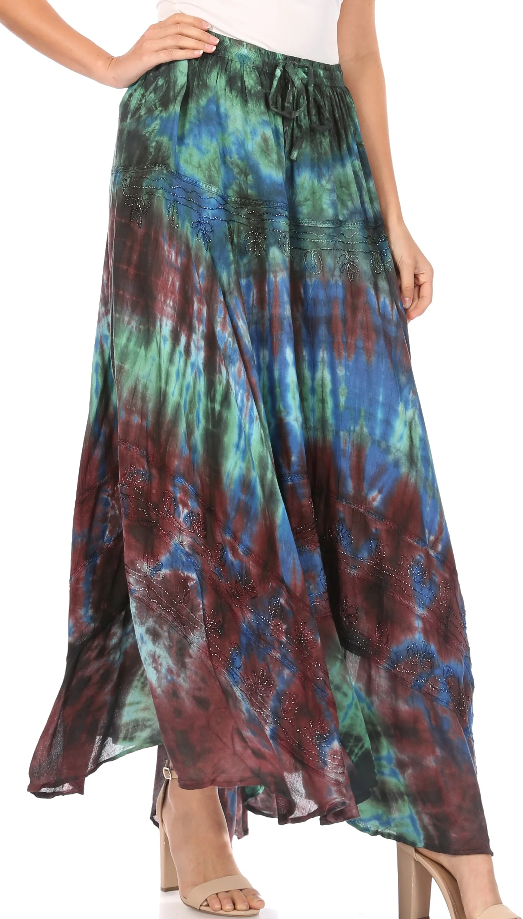 Sakkas Ester Womens Simple  Boho Maxi Full circle Tie-dye Skirt with Elastic Waist