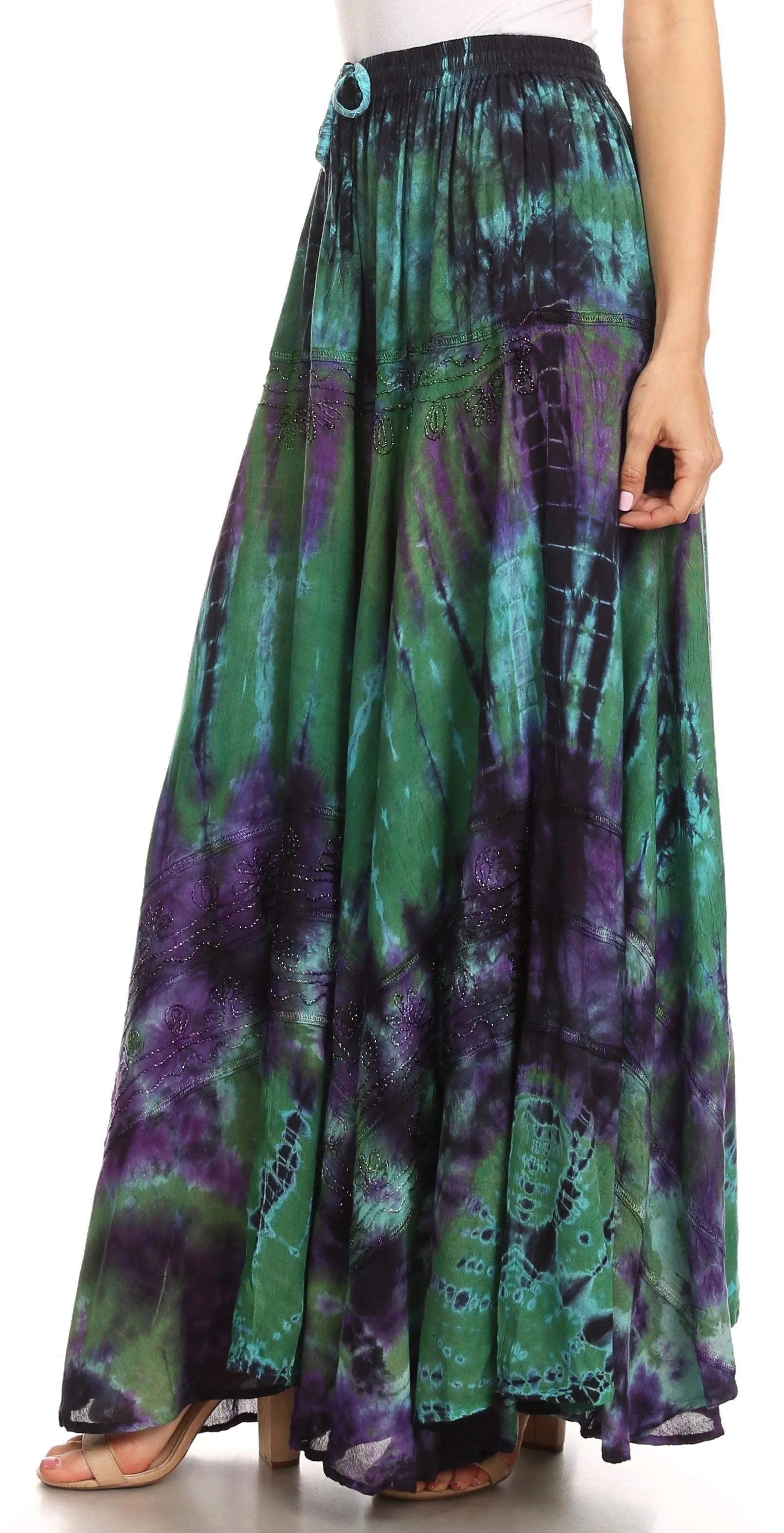 Sakkas Ester Womens Simple  Boho Maxi Full circle Tie-dye Skirt with Elastic Waist