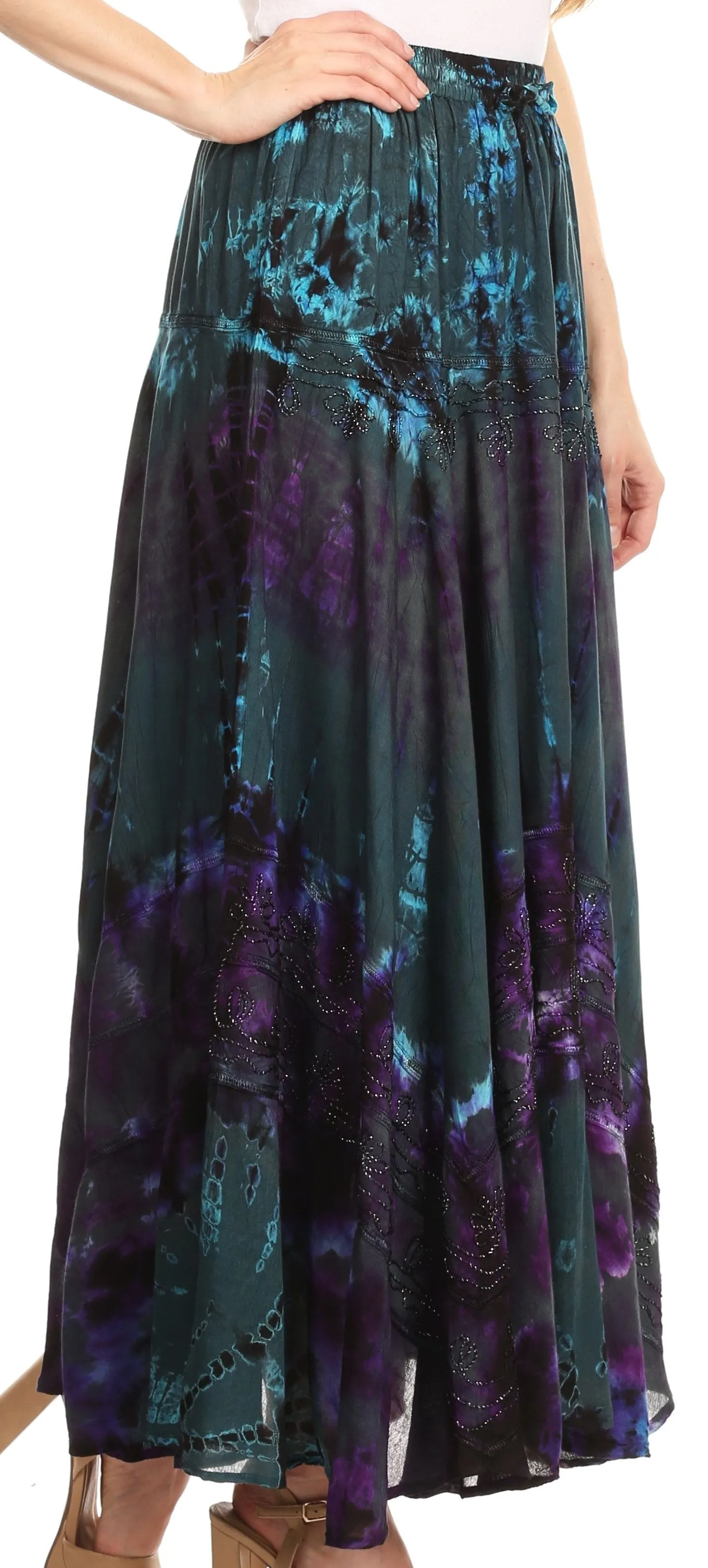 Sakkas Ester Womens Simple  Boho Maxi Full circle Tie-dye Skirt with Elastic Waist