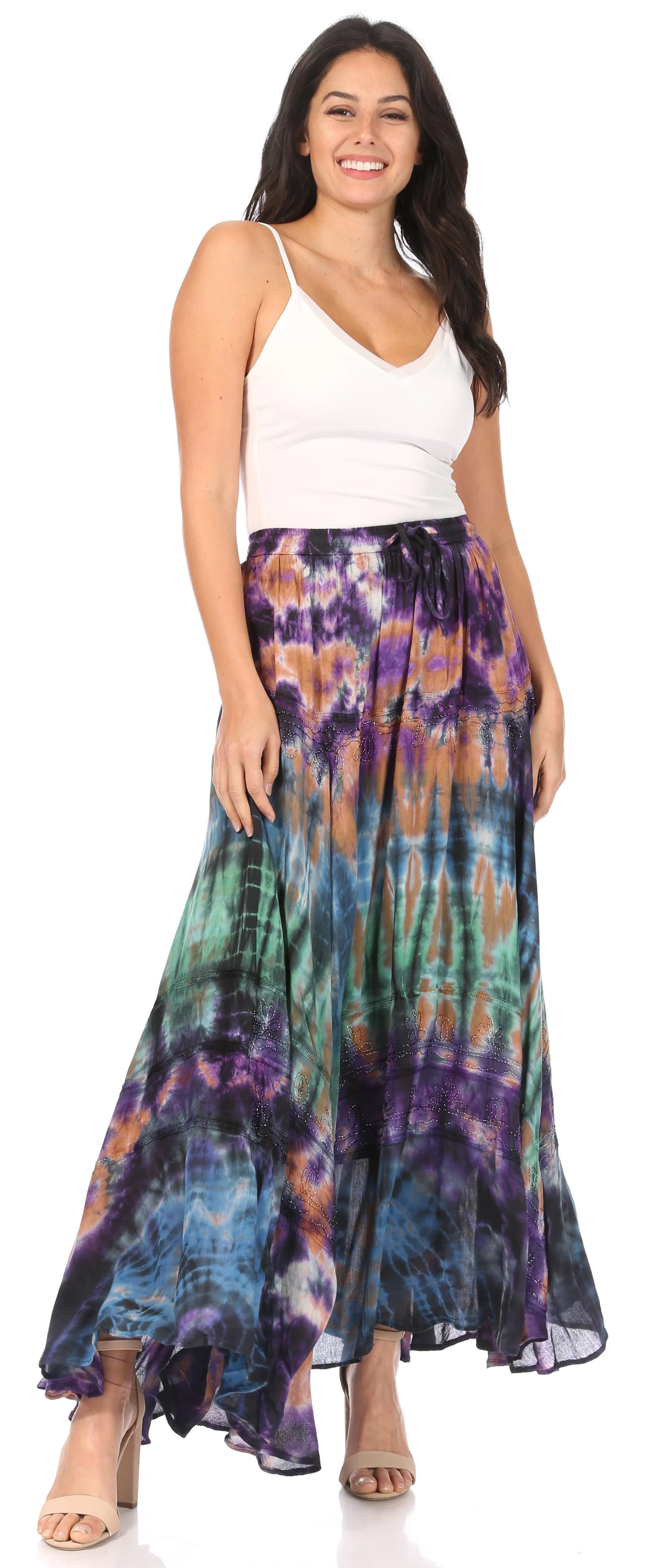 Sakkas Ester Womens Simple  Boho Maxi Full circle Tie-dye Skirt with Elastic Waist