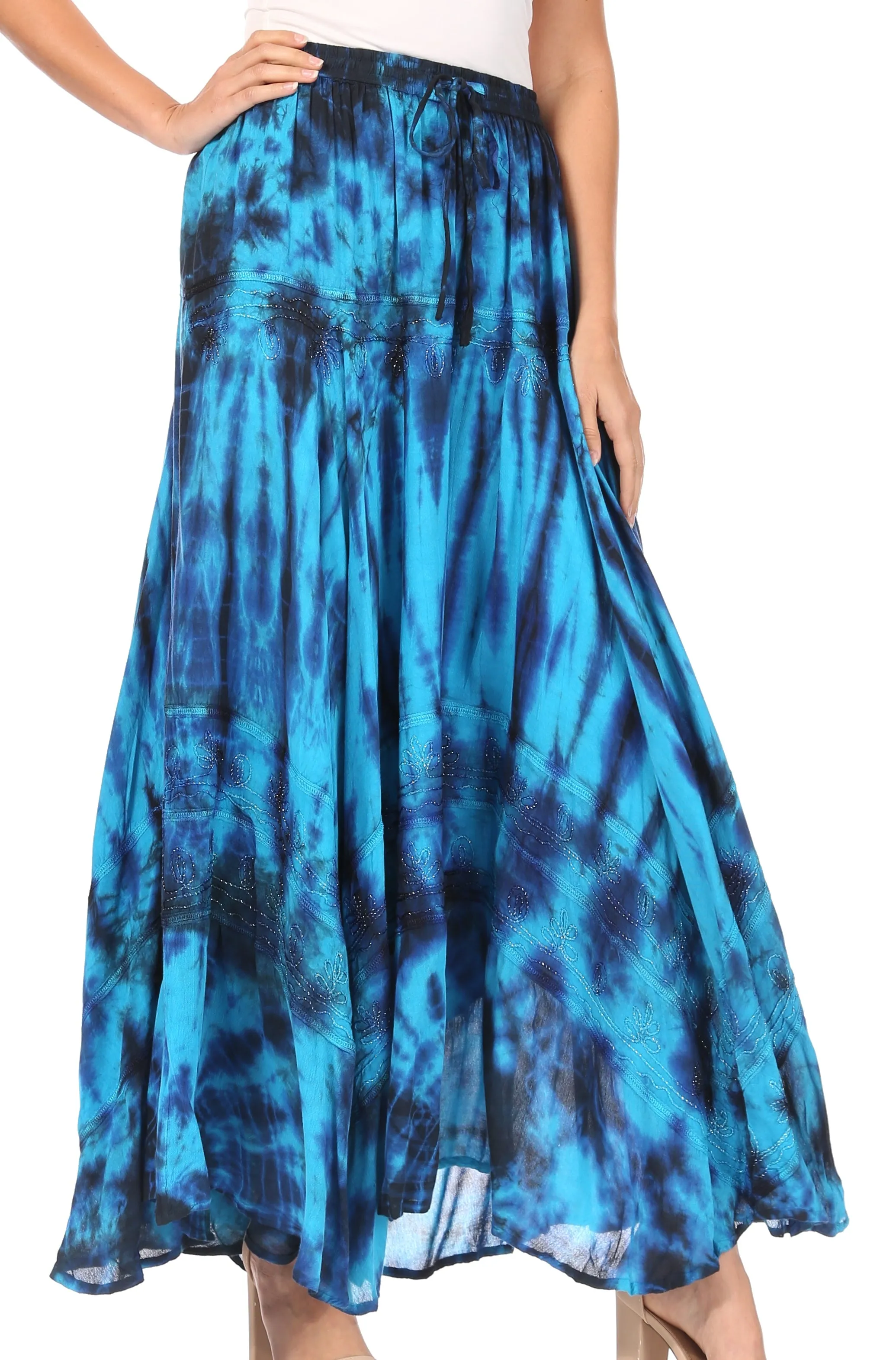 Sakkas Ester Womens Simple  Boho Maxi Full circle Tie-dye Skirt with Elastic Waist