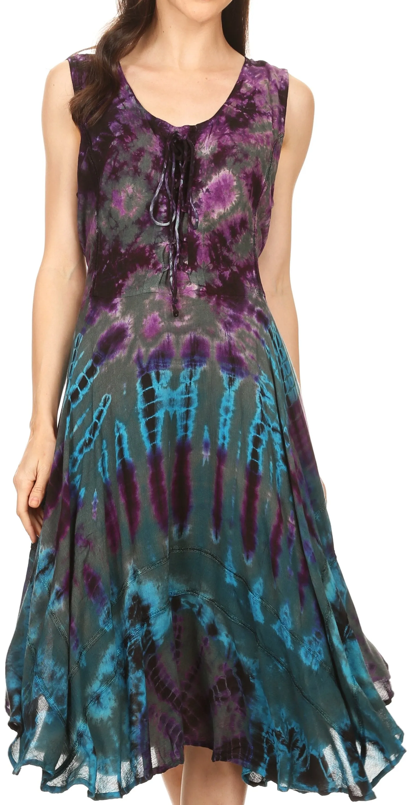 Sakkas Mathilde  Marble Tie-dye Sleeveless Tank Dress Tiered and Corset