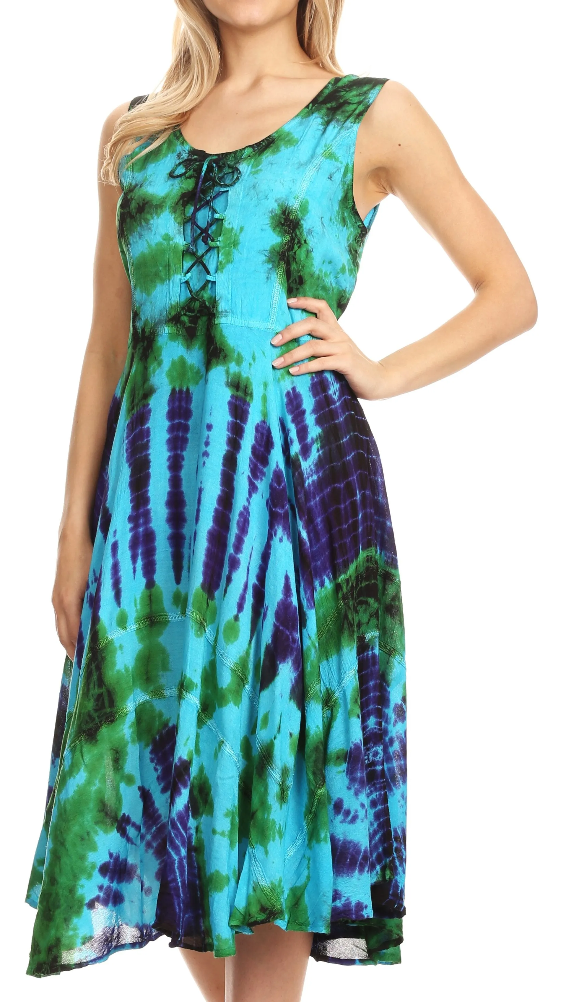 Sakkas Mathilde  Marble Tie-dye Sleeveless Tank Dress Tiered and Corset