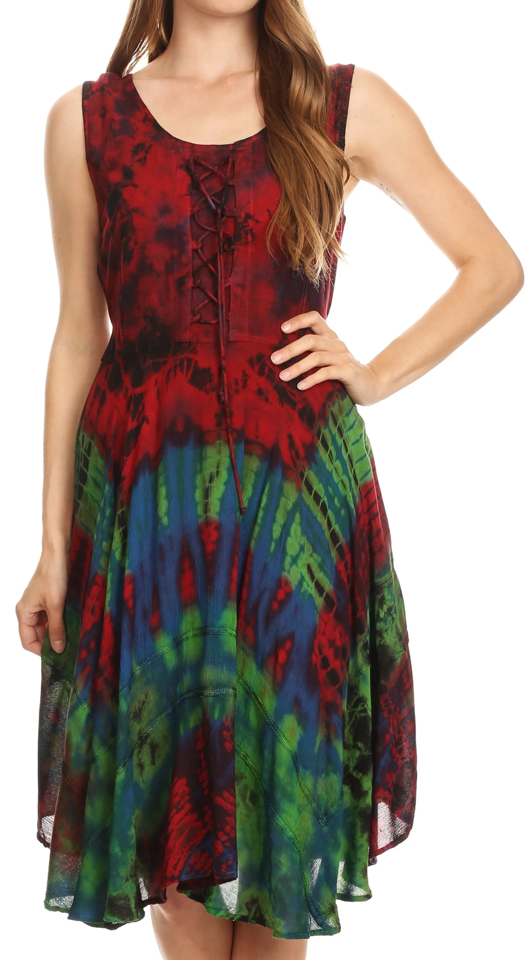 Sakkas Mathilde  Marble Tie-dye Sleeveless Tank Dress Tiered and Corset