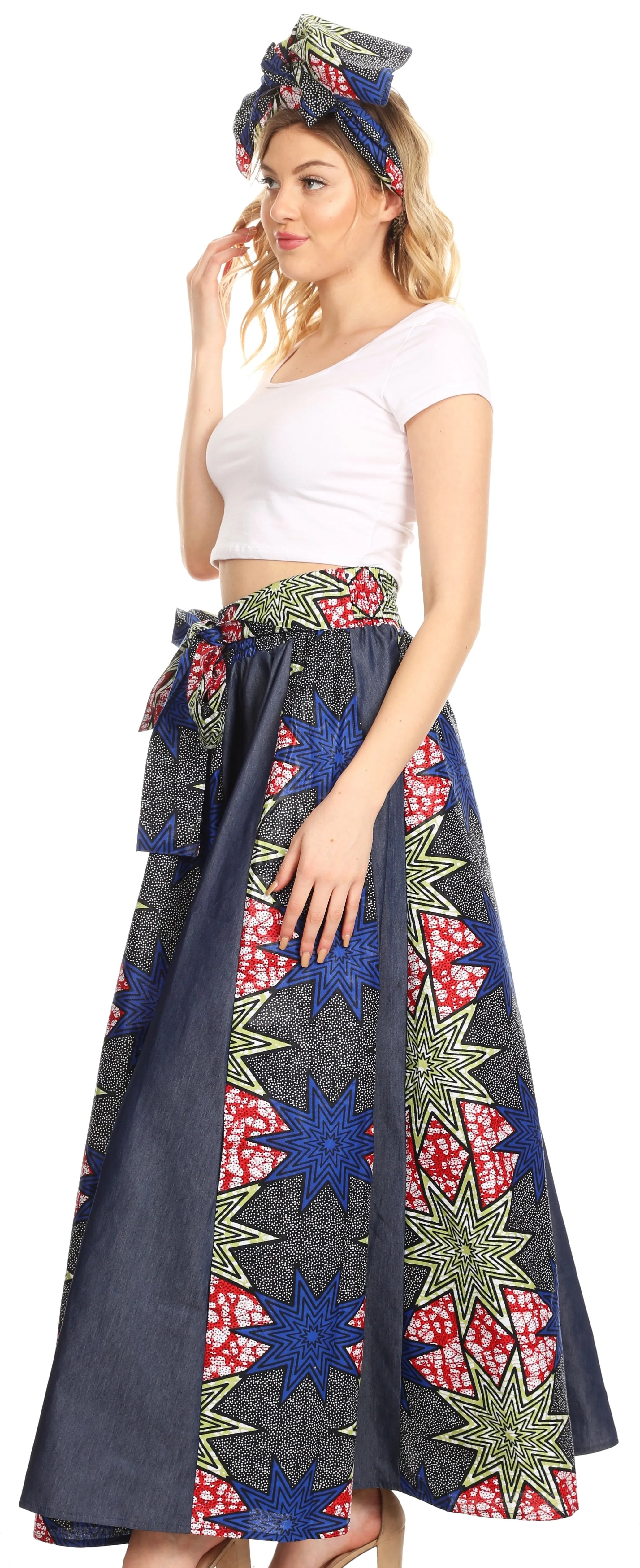 Sakkas Monifa Long Maxi Skirt Colorful Ankara Wax Dutch African Skirt Gorgeous