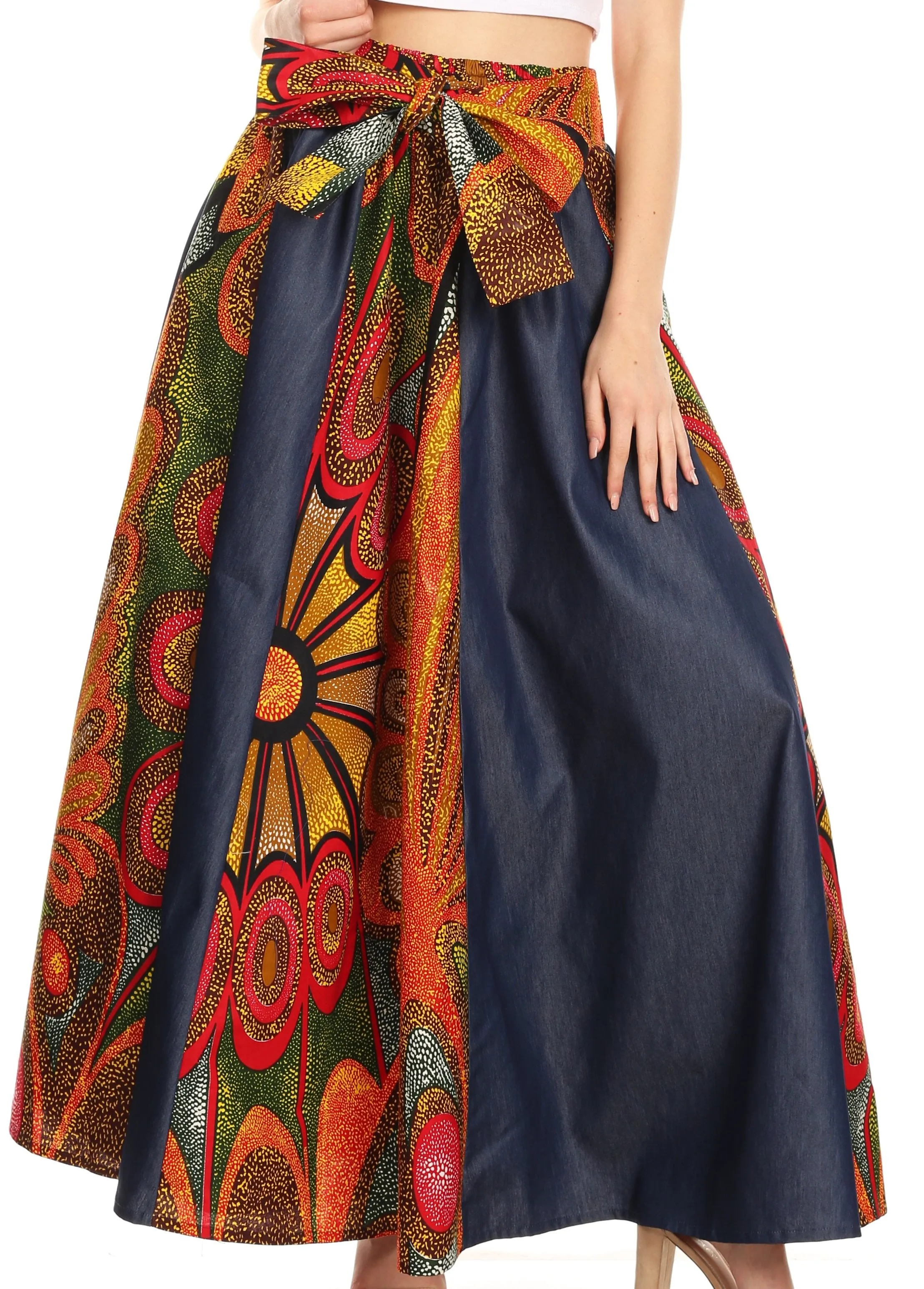 Sakkas Monifa Long Maxi Skirt Colorful Ankara Wax Dutch African Skirt Gorgeous