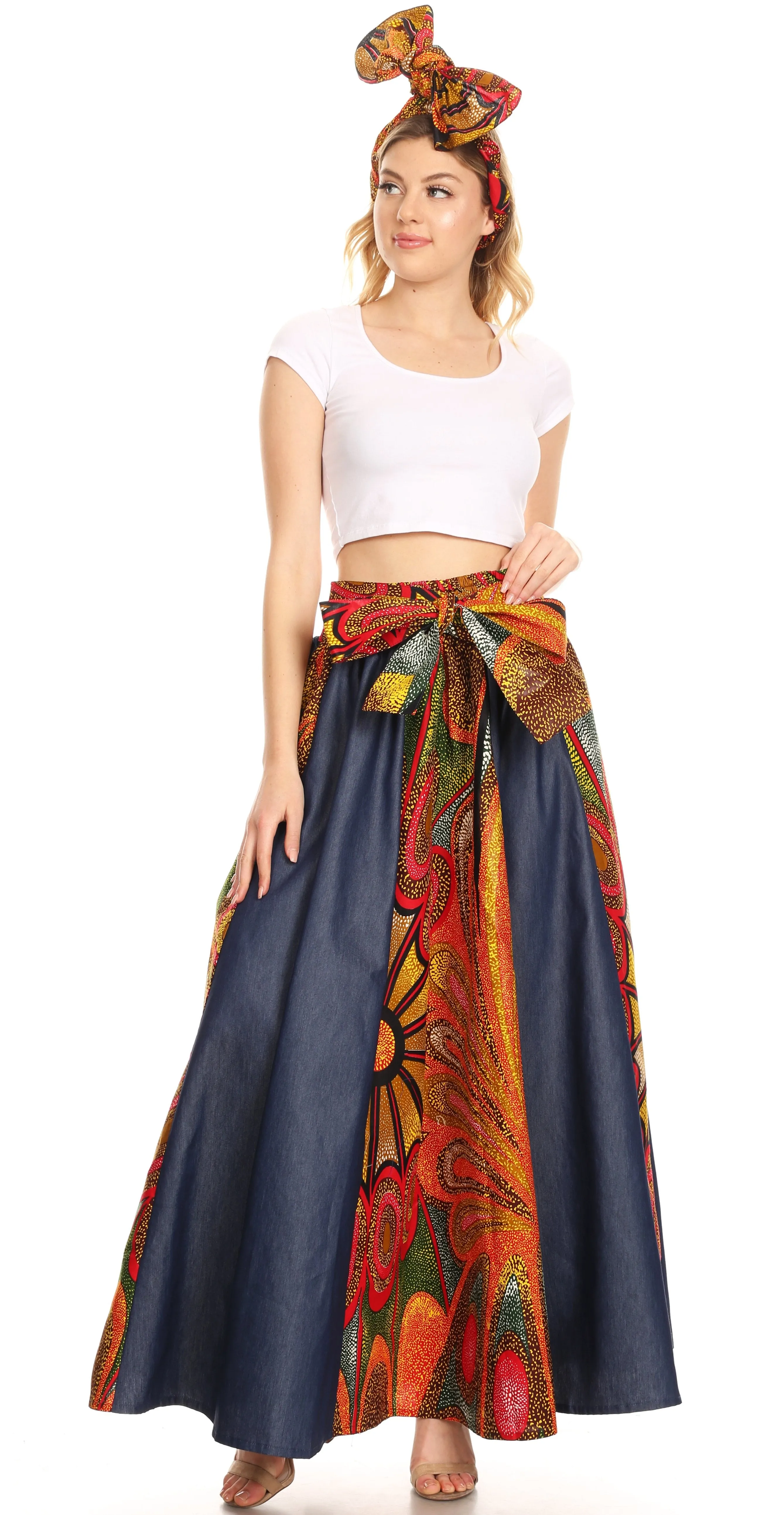 Sakkas Monifa Long Maxi Skirt Colorful Ankara Wax Dutch African Skirt Gorgeous