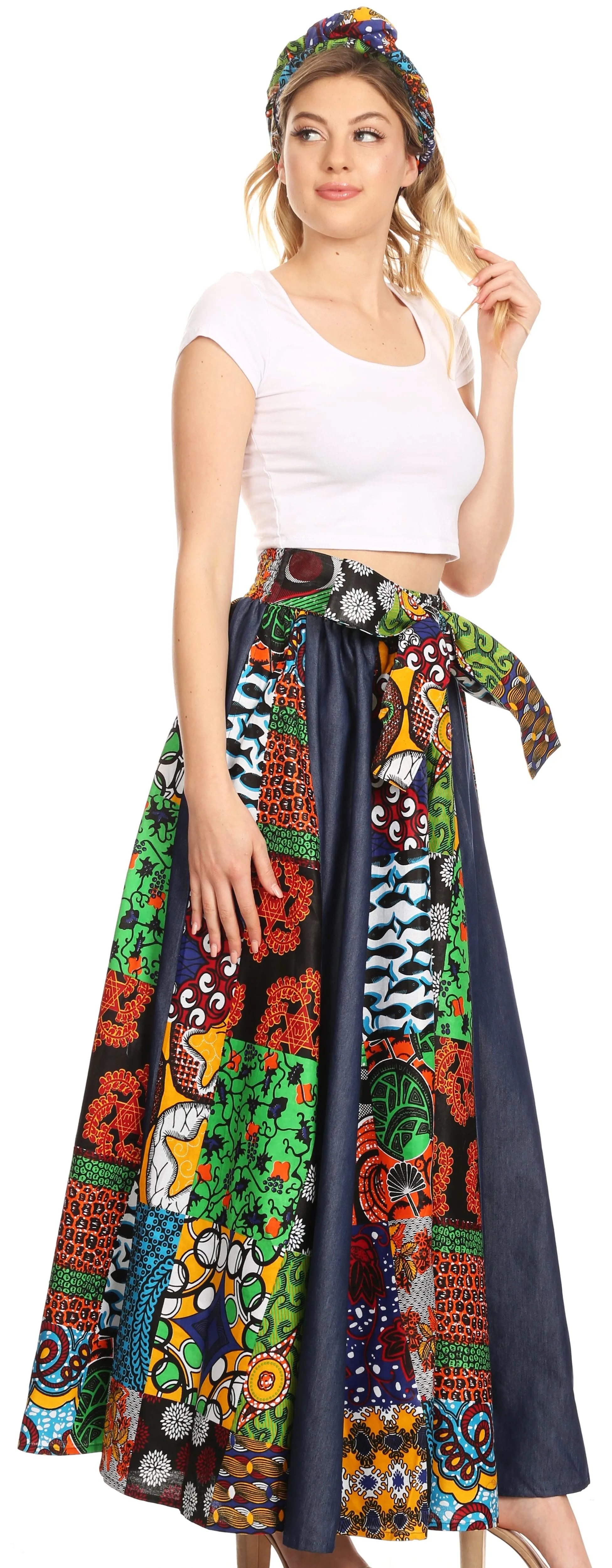 Sakkas Monifa Long Maxi Skirt Colorful Ankara Wax Dutch African Skirt Gorgeous