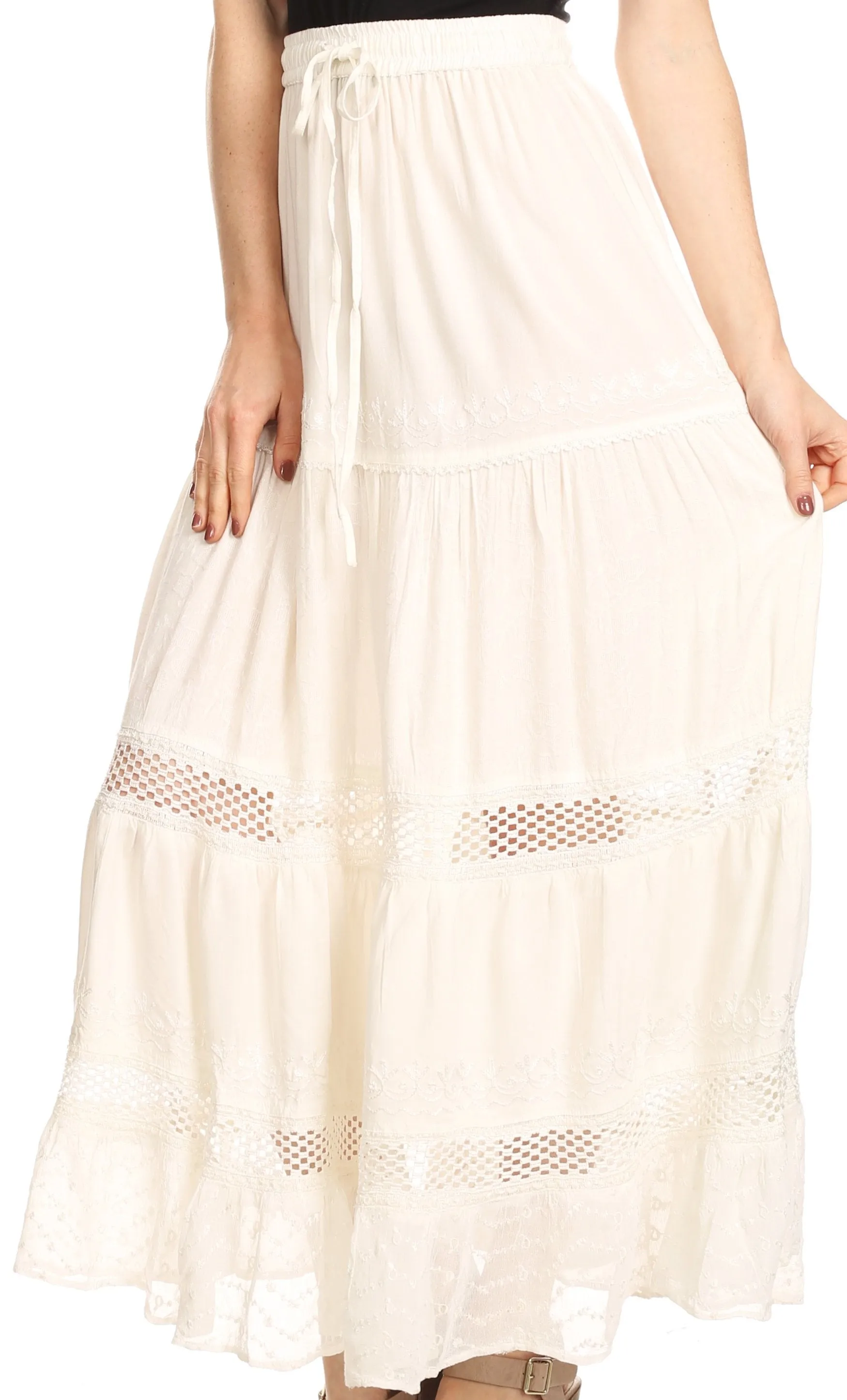 Sakkas Salina Boho Maxi Skirt with Embroidery and Crochet Lace  Adjustable Waist