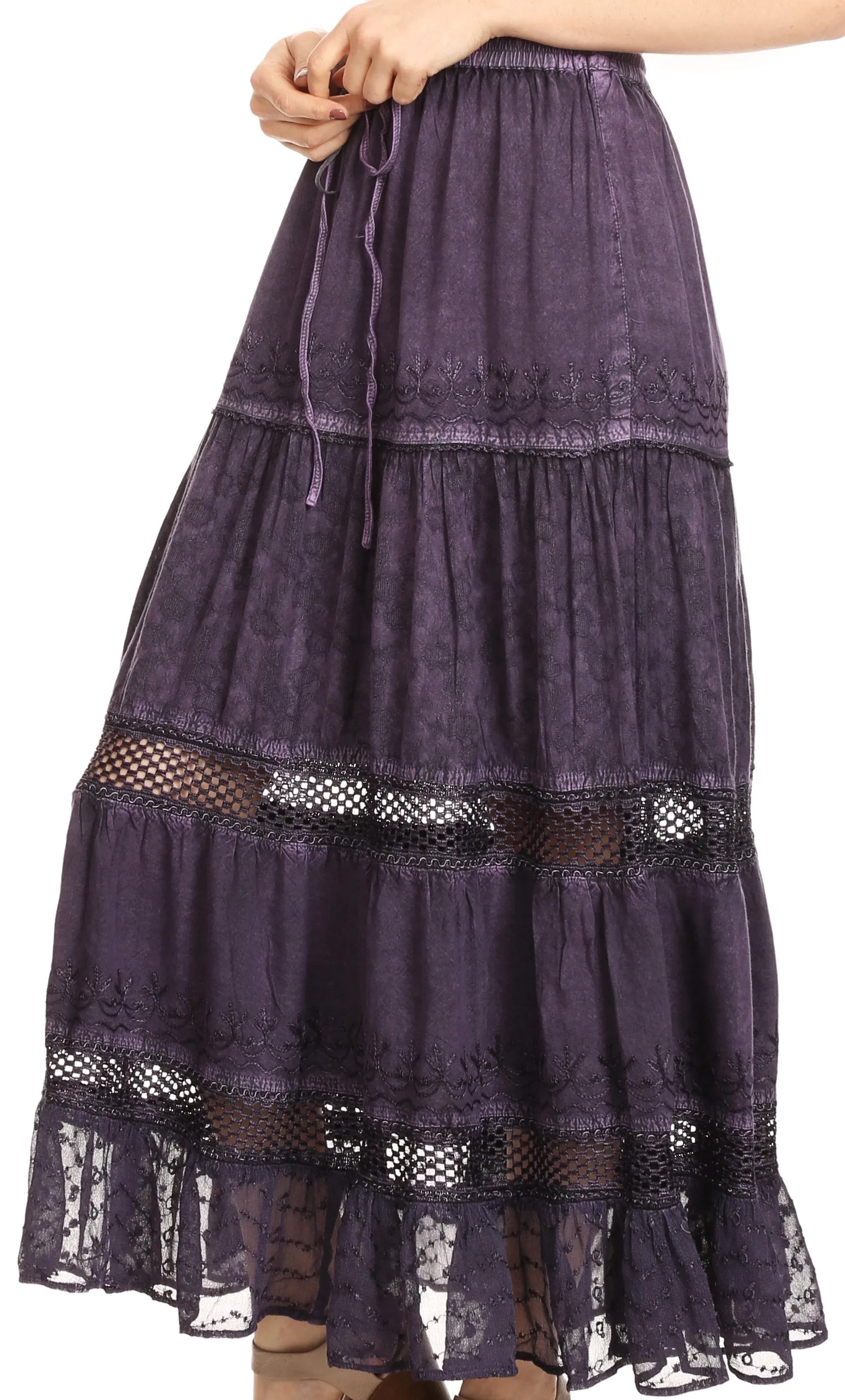 Sakkas Salina Boho Maxi Skirt with Embroidery and Crochet Lace  Adjustable Waist