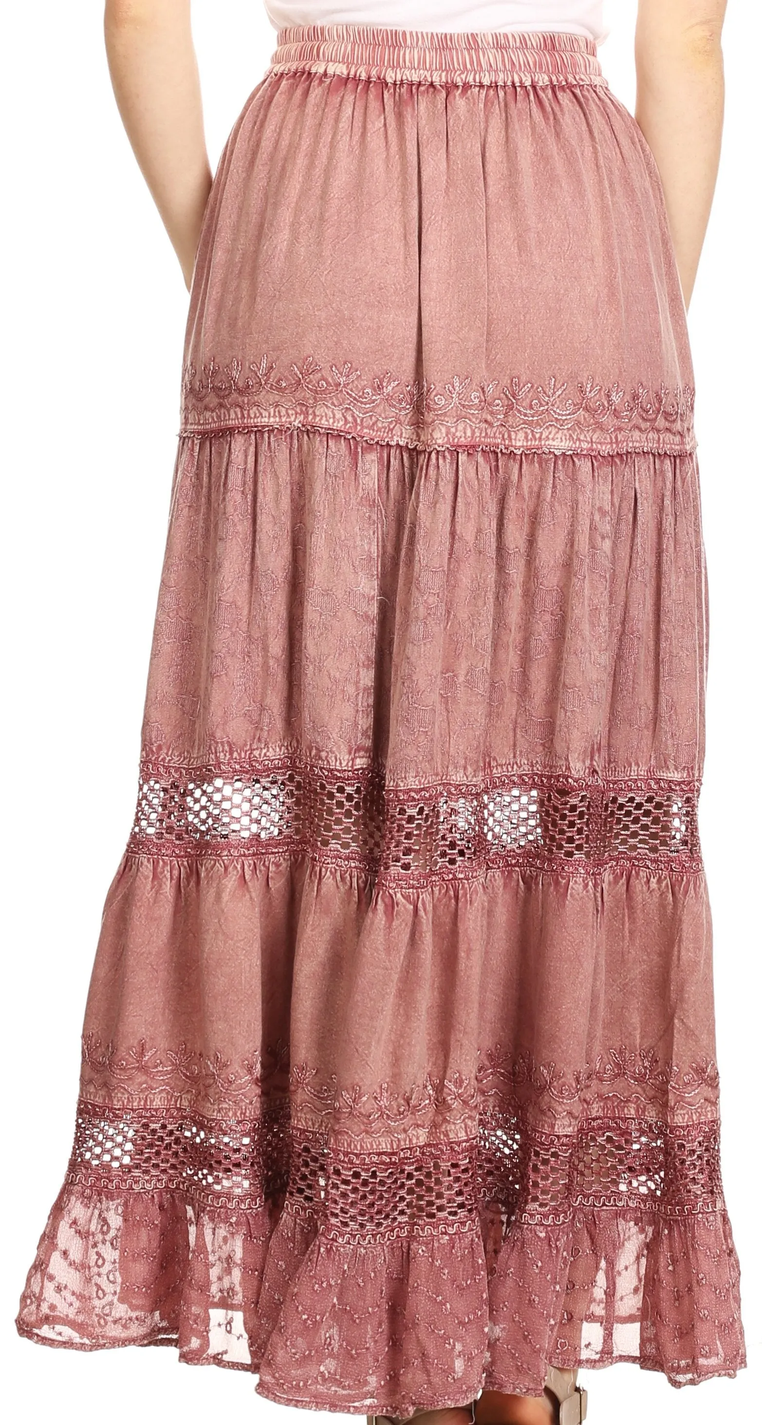 Sakkas Salina Boho Maxi Skirt with Embroidery and Crochet Lace  Adjustable Waist